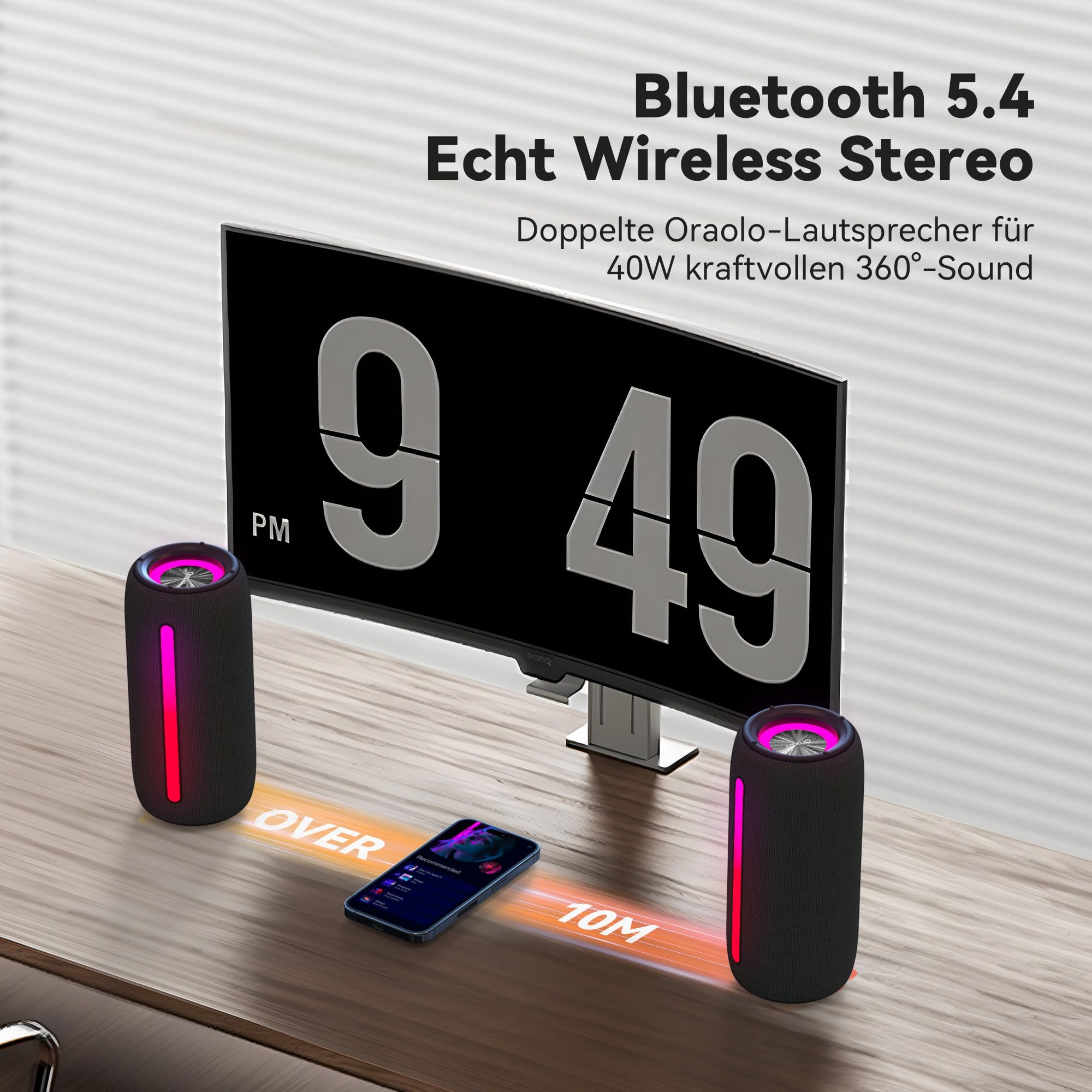 oraolo Cassa Bluetooth Altoparlante Portatile Wireless | Suono Stereo 24W Luci RGB Bluetooth 5.4 Supporto AUX/TF Card Impermeabile IPX6 per Esterno Adatto per Feste