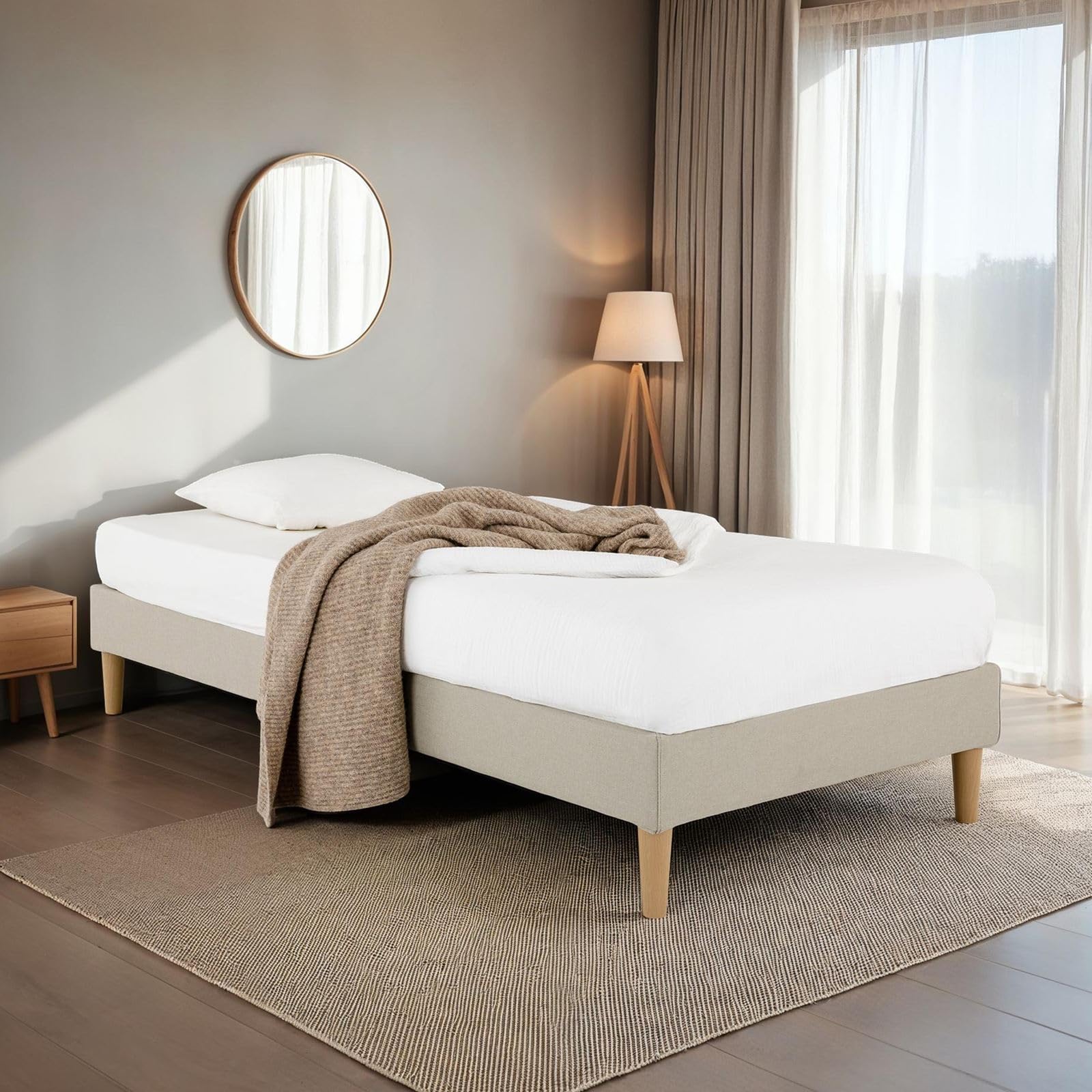 IDIMEX Sommier tapissier PAIMPOL 90 x 190 cm Structure en Bois et revêtement en Tissu Beige, Cadre de lit avec Pieds et sommier à Lattes pour 1 Personne