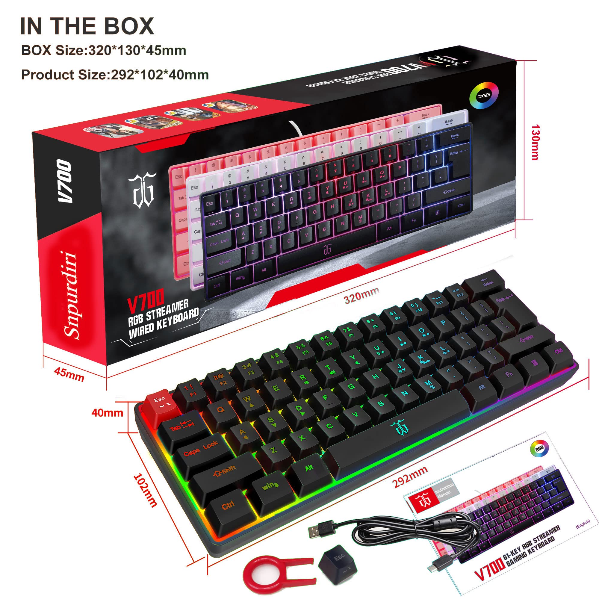 Snpurdiri 60 Wired Gaming Keyboard, True RGB Mini Keyboard, Quiet