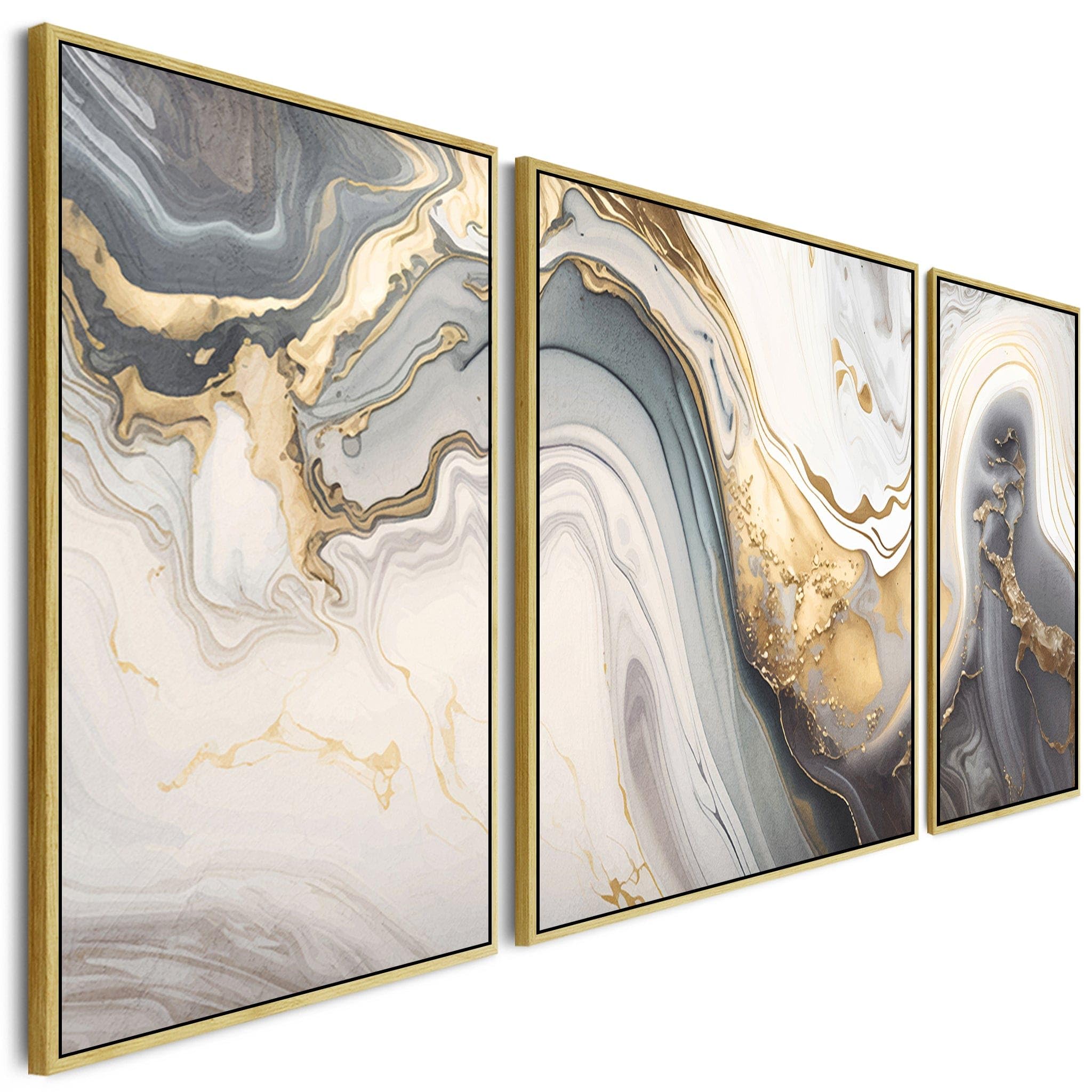 Large Modern Grey Gold Abstract Wall Art for Living Room - Framed Set of 3-212cm Wide