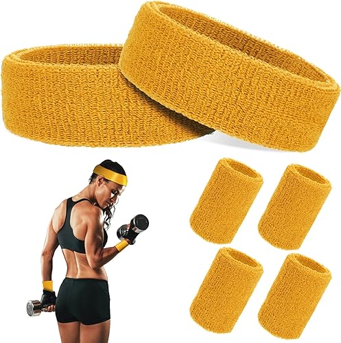 Miniatura 8 de ASTER Juego de 6 pulseras con diadema, incluye 2 diademas deportivas y 4 pulseras deportivas, bandas coloridas a rayas para hombres y mujeres,