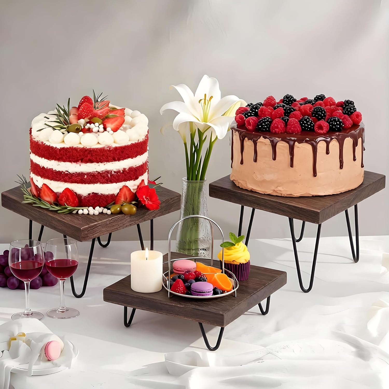 3 Pcs Buffet Risers, Wood Square Food Riser Dessert Table Display Stand Set for Party Wood Cupcake Stands Nesting Table for Home Decor (Square, walnut)