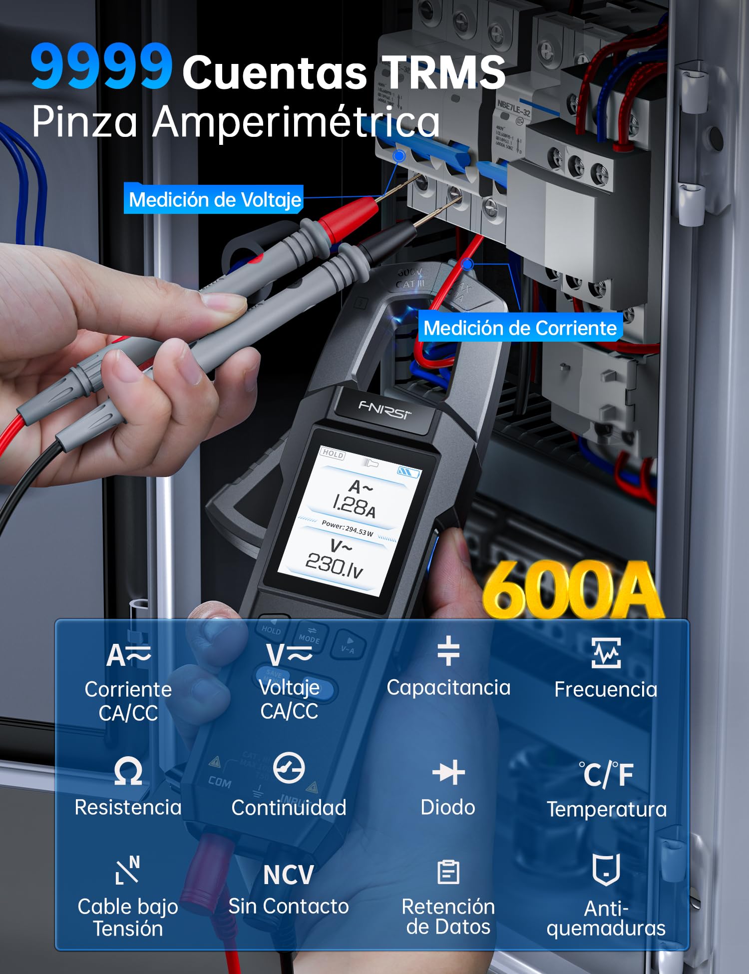 FNIRSI DMC-100 Pinza Amperimétrica Digital, Multímetro TRMS de 9999 Cuentas, Amperímetro Recargable con Registro de Curvas de 600A y Bolsa de Almacenamiento, NCV, Voltaje CA/CC, Corriente