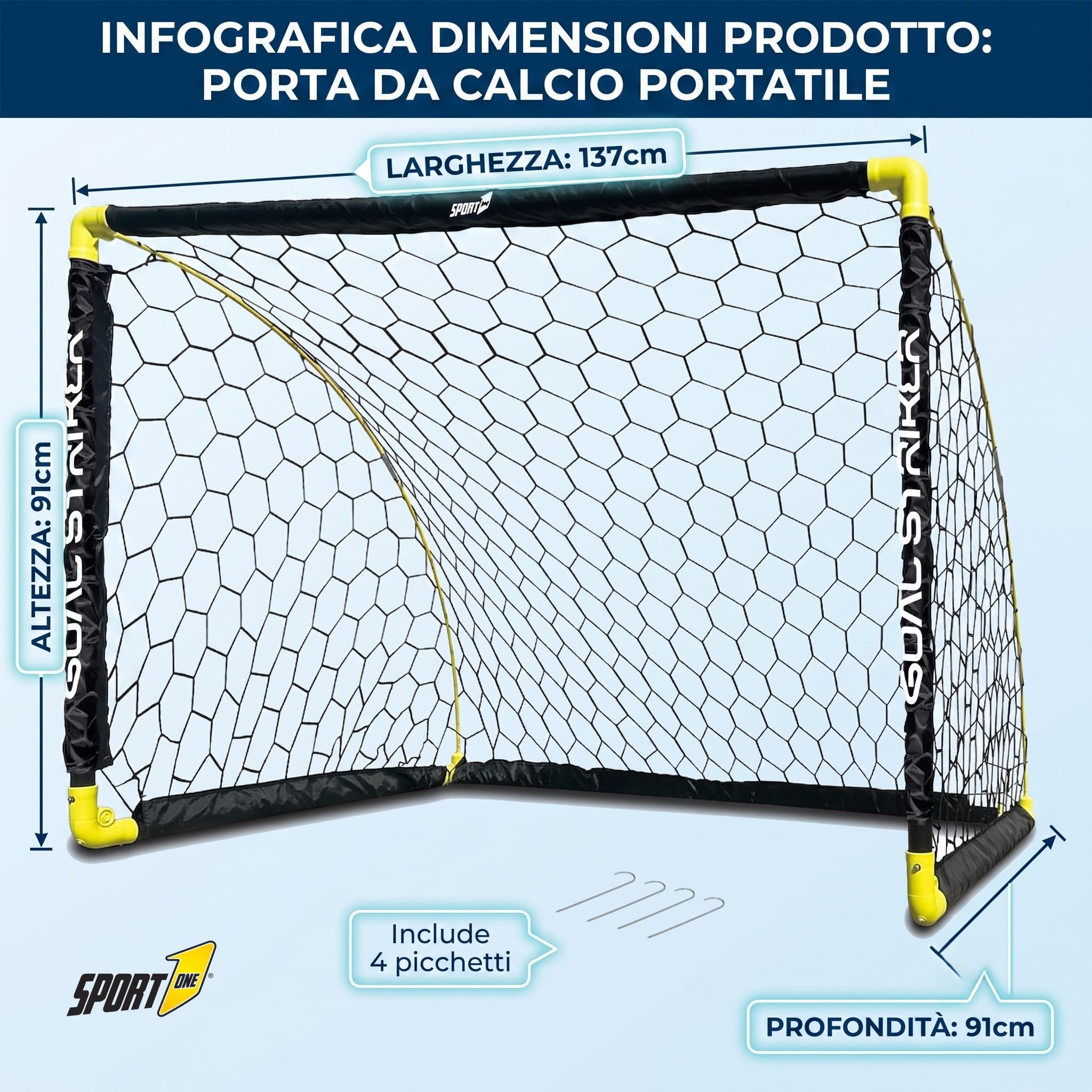 Sport1 porta calcio Goal Striker. Porta calcetto pieghevole in plastica con supporti laterali estraibili salvaspazio. Porta soccer outdoor da 137x91x91cm. Rete impermeabile. Picchetti inclusi. Nera