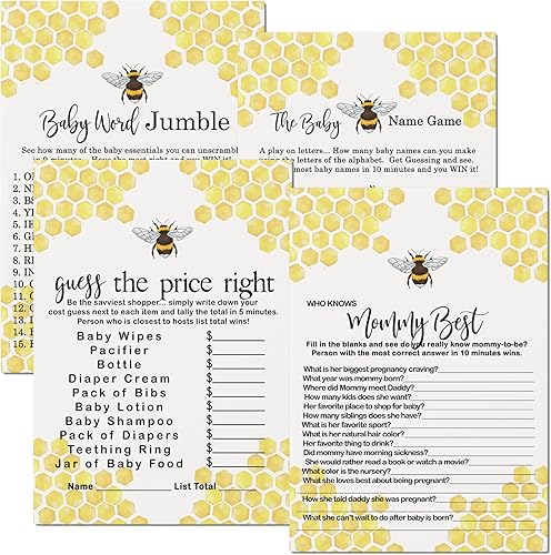 Bumblebee - Juego de baby shower para 25 invitados, juego de 4 juegos de doble cara que conoce a mamá, Word Scramble, juego de nombre de bebé,