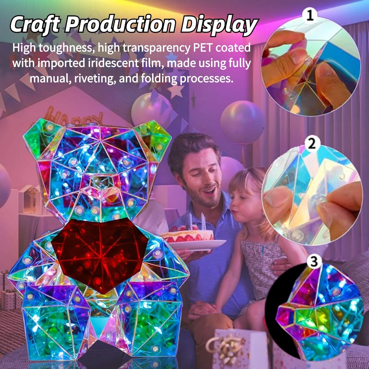 LED Night Light, Prismatic Iridescent Glowing Bear With Heart, Colorful Light Up Lamp for Bedrooms, Bedside, Nursery Decor - Unique Gift for Women, Girls, Kids
