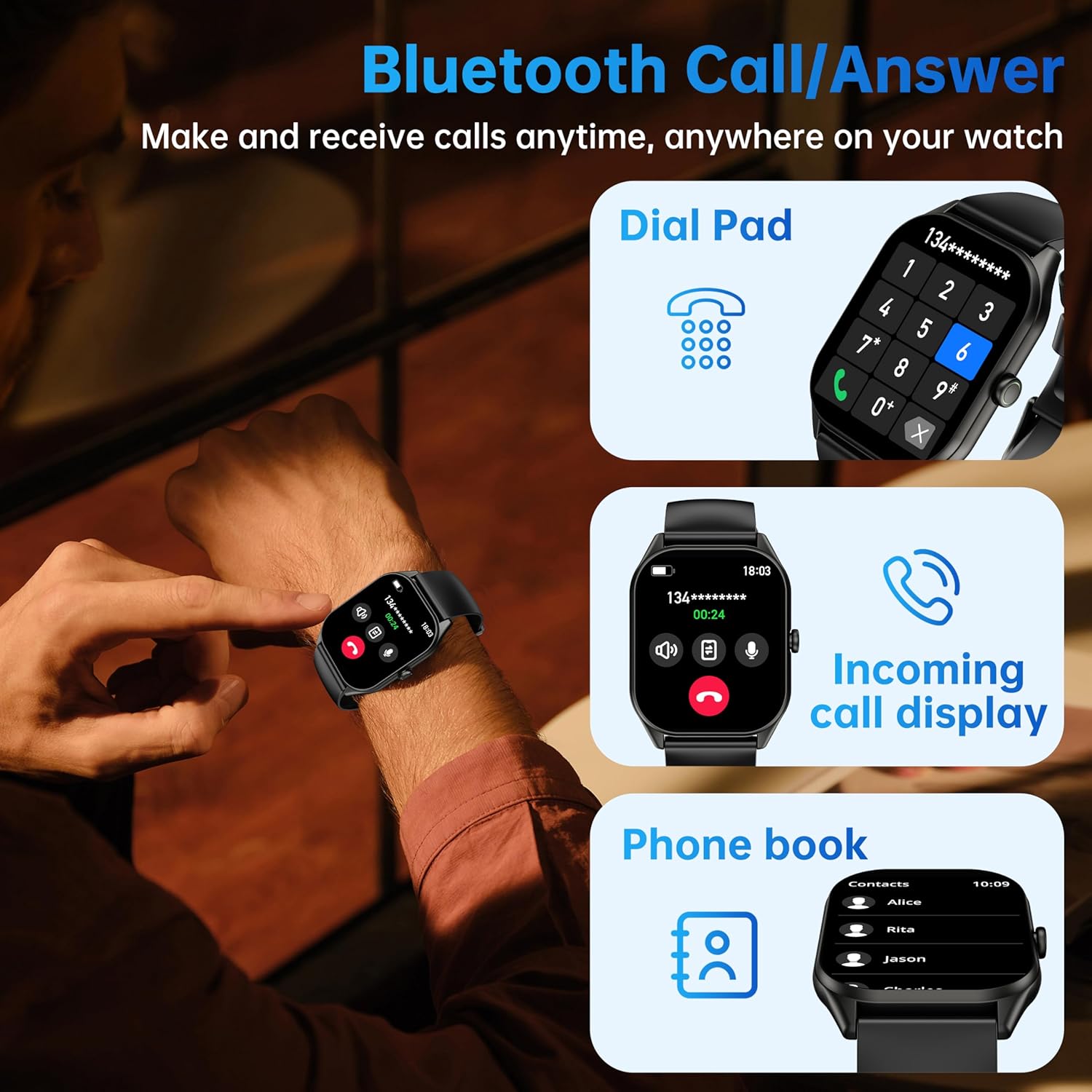 Smart Watch for Men Women, 2.0" HD Touchscreen Fitness Tracker, Bluetooth Calls/Notifications, IP68 Waterproof, 100+ Sport Modes Fitness Watch, Heart Rate Sleep Monitor Smartwatch for Android iOS - Image 3