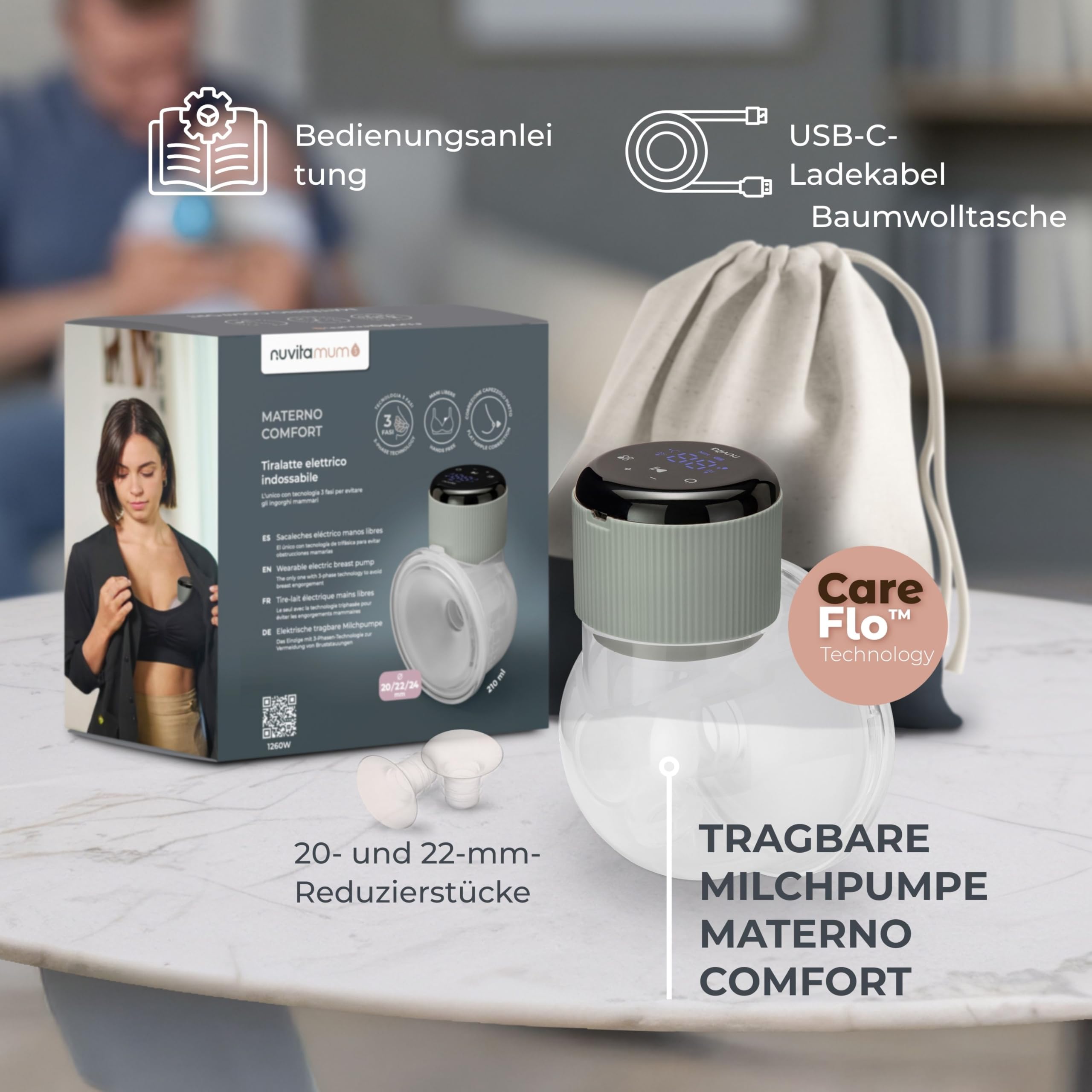 Nuvita 1260W Tragbare elektrische Milchpumpe, 3 Stufen – tragbar mit wiederaufladbarem USB-C-Akku, Anti-Stasis-Funktion, ideal für flache/eingezogene Brustwarzen, 24-mm-Silikon-Brustglocke