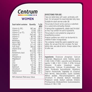 Centrum Women Multivitamin Tablets for Women, Vitamins with 23 Essential Nutrients, Including Vitamin C, D, and Iron, 60 ct (Packaging and Tablet Colour May Vary Slightly) (Pack of 3)
