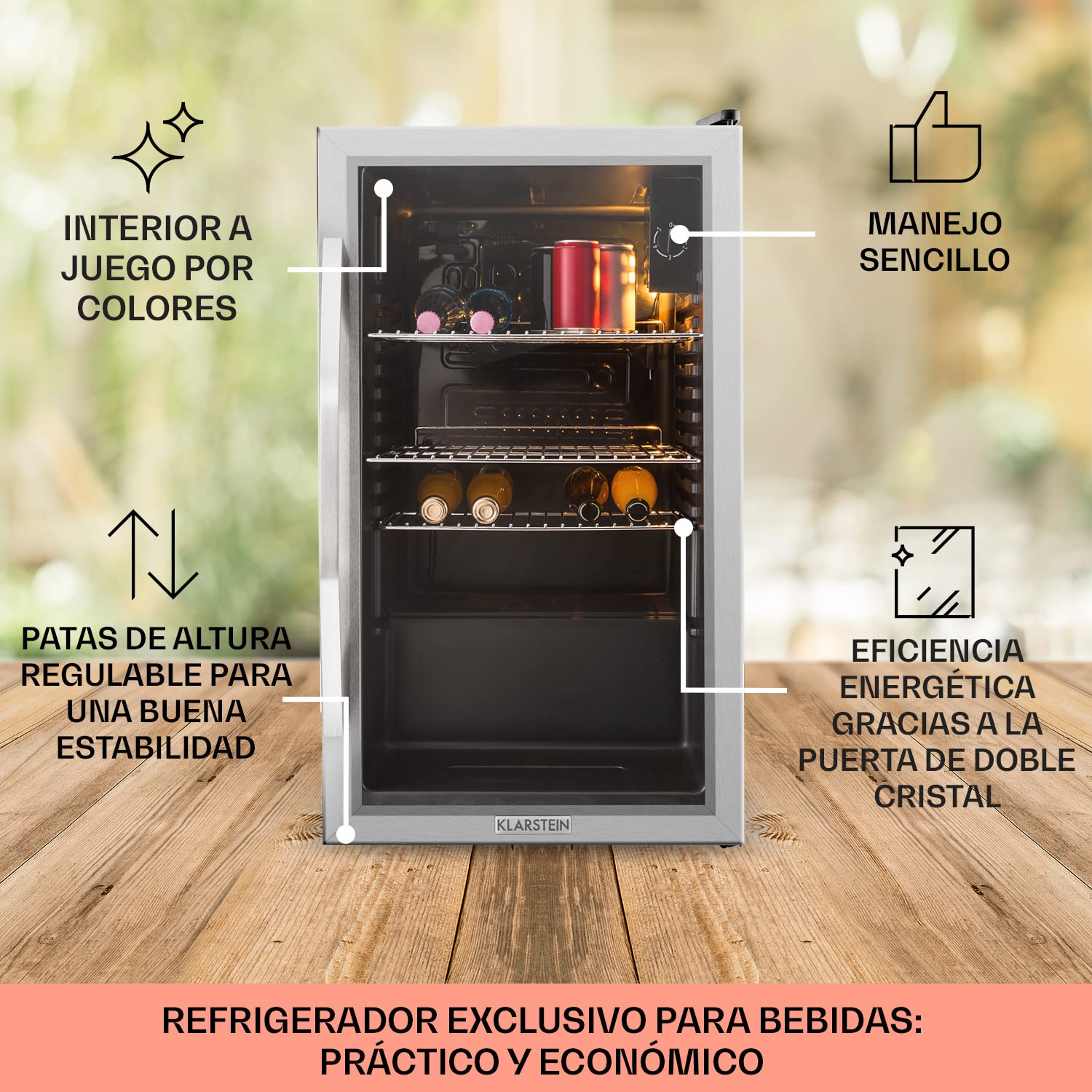 KLARSTEIN Mini Nevera Pequeña con Puerta de Cristal para Habitaciones, 80 L, Frigorifico Portatil Electrico con Estantes para Bebidas