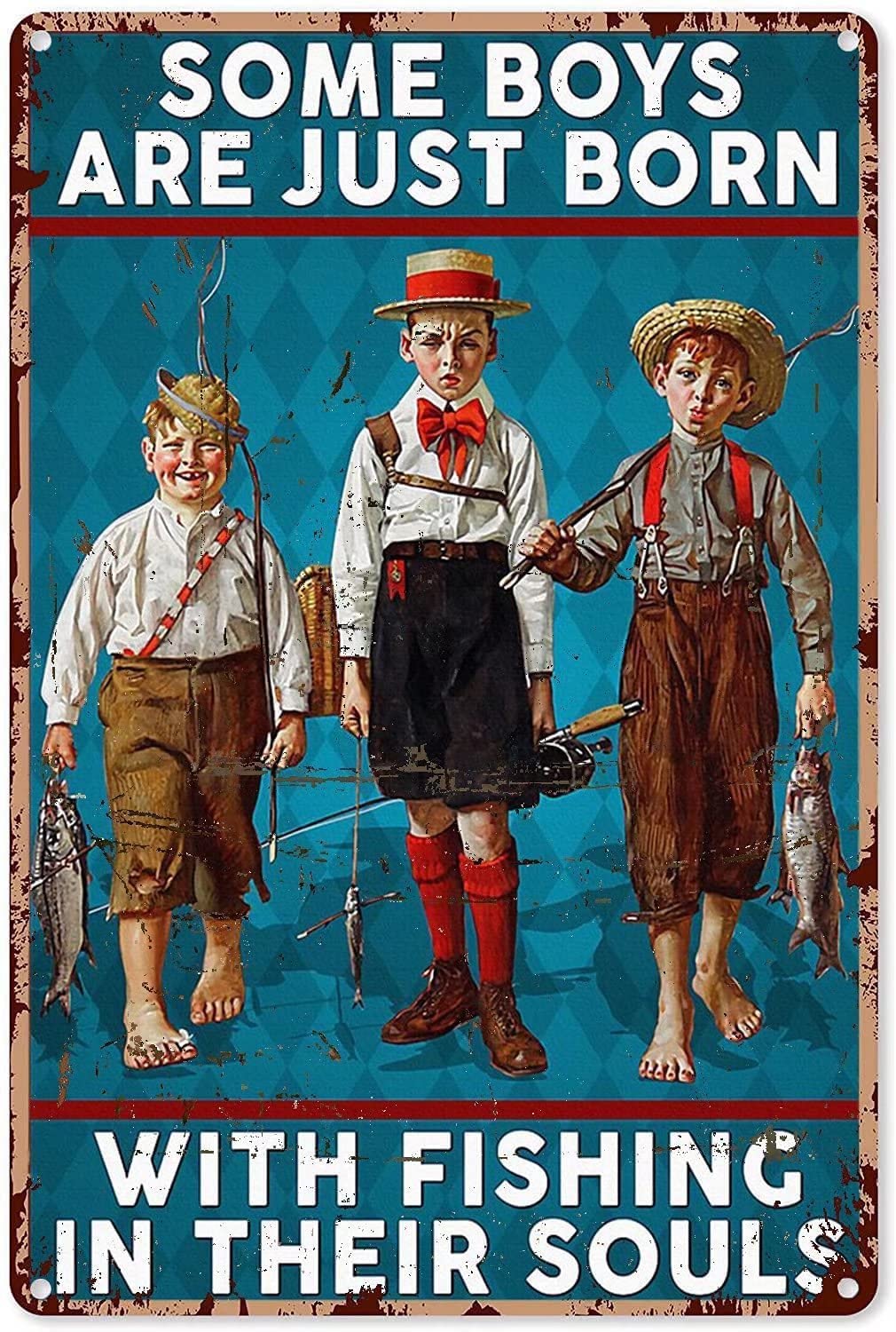 Tin Sign Fishing Boy Vintage Retro Collectible tin Sign Wall Decoration Poster Home bar Restaurant Garage Cafe Art Metal Sign Gift 12x16 Inch