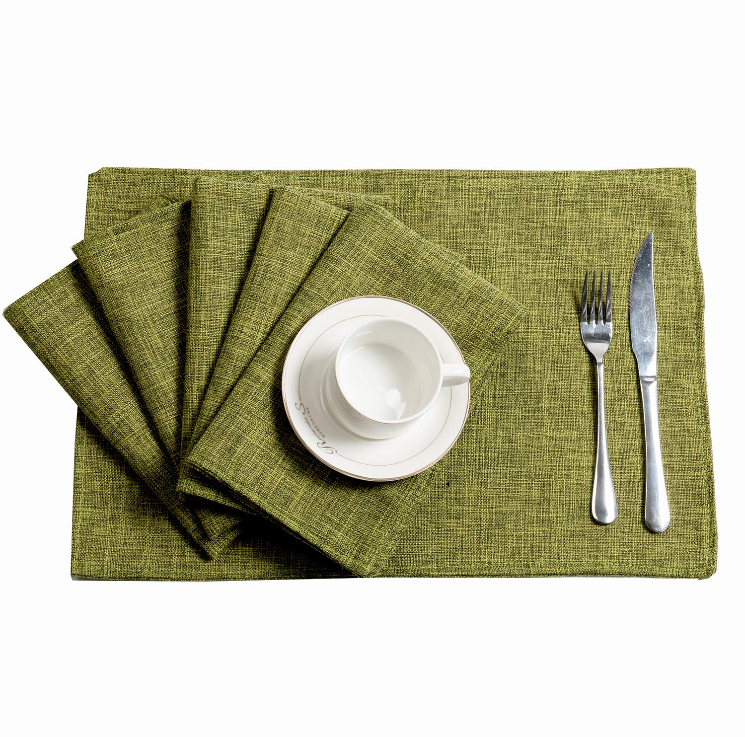 U'Artlines Placemats Set of 6 Slubbed Linen Heat Resistant Non-Slip Dining Table Place Mats for Kitchen Table (6pcs, Green)