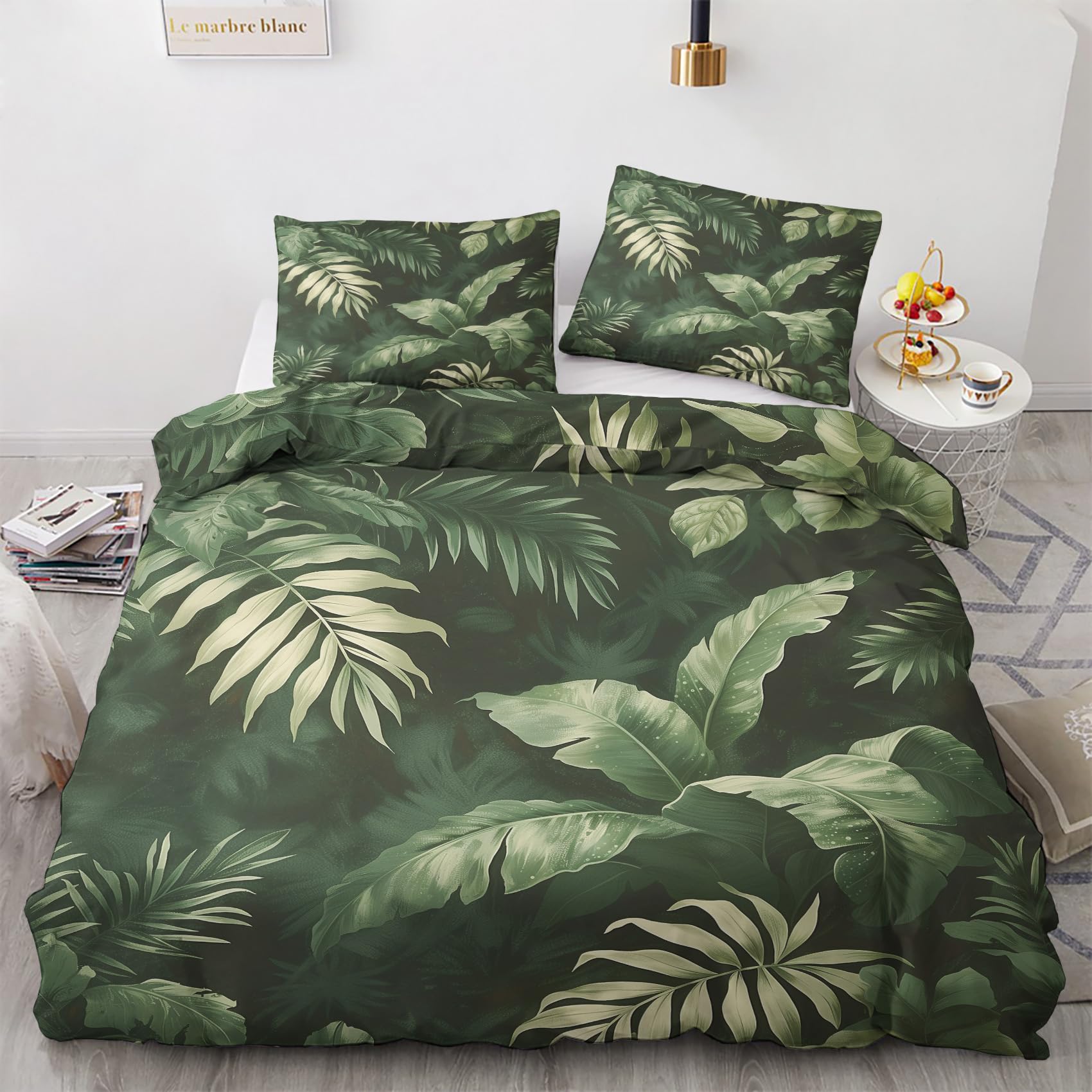 Nogawa Multicolor Green Leaf King Size Duvet Cover Sets - Tropical Leaves Bedding Set - Reversible Quilt Cover & 2 Pillowcases With Zip And Ties, Soft And Non Iron Brushed Microfibre Bed Set 230X220