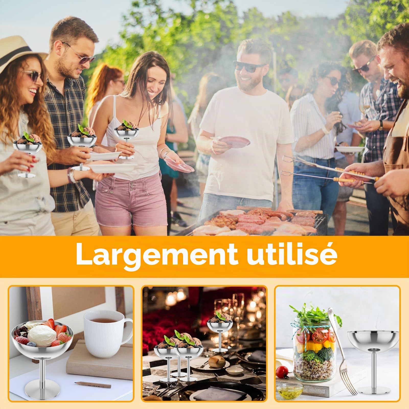 8x coupes a glace en inox avec pied – 200 ml – pour réceptions | Coupelle dessert élégantes pour glace, pudding, fruits et salade – bols polyvalents, passant au lave-vaisselle et incassables