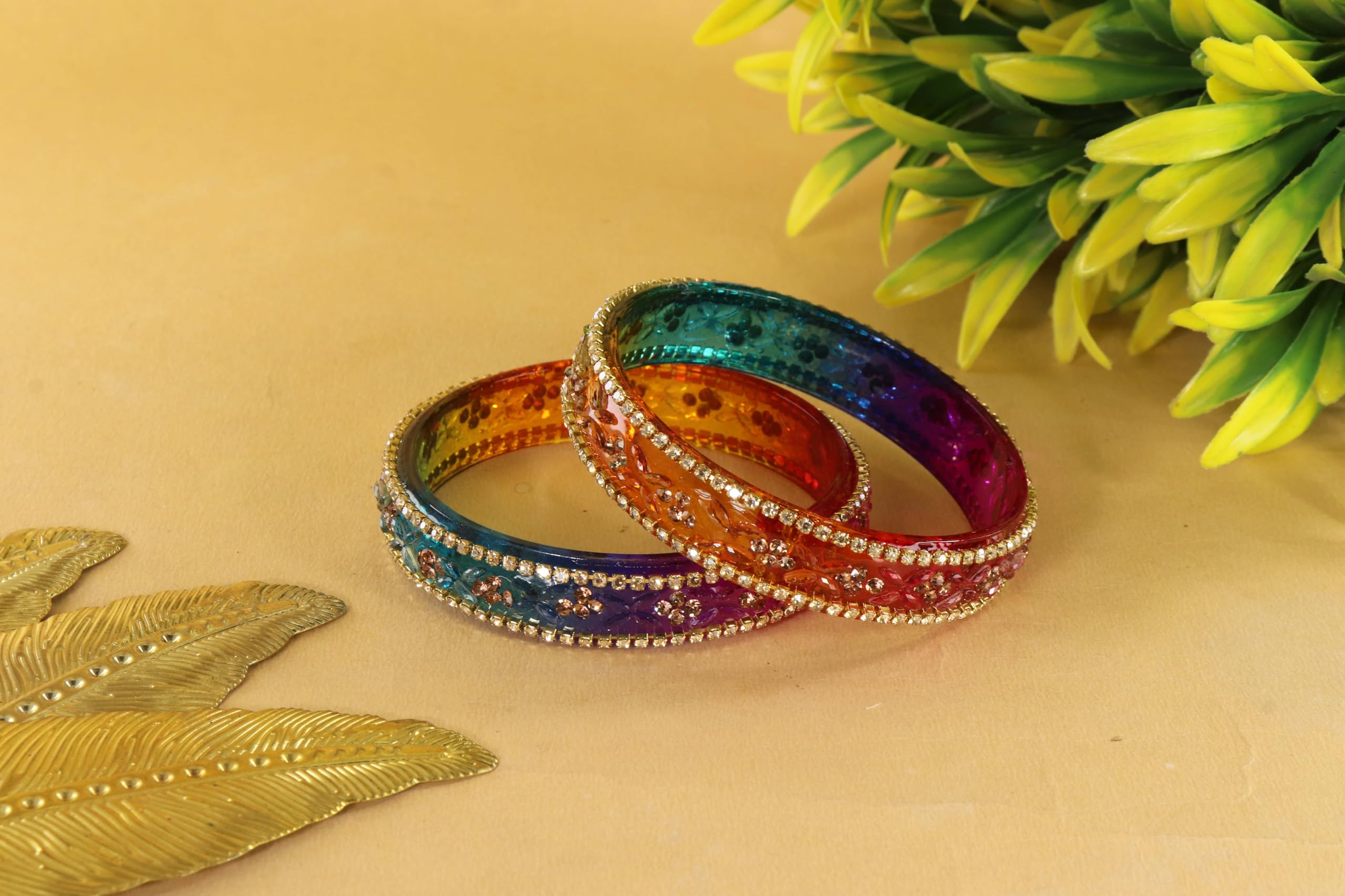 LAVAZZA Transparent Glass Bangles Kada Set For Women & Girls with Gold Zircon Diamonds & Crystals | Multi Bangles | bangles for Women | Colorful Bangles -(LV_AB16-BlueBelly-Multi-2.6) 2