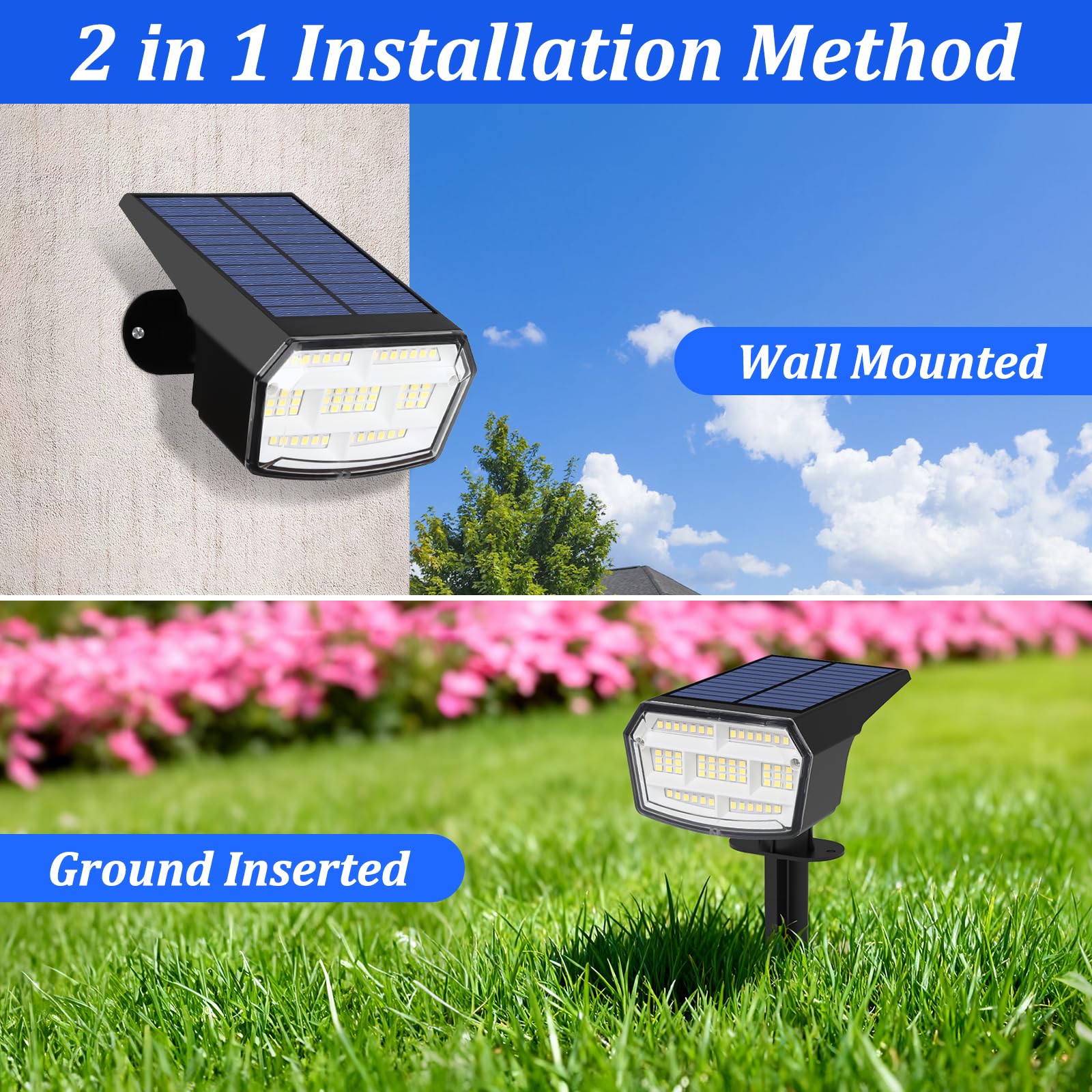 Solar-Strahler für den Außenbereich, wasserdicht, Landschaftsstrahler, Kaltweiß, 8 Stück | 59 LED, 3 Beleuchtungsmodi, IP65 wasserdicht, solarbetriebene Außenleuchten für Hof, Garten