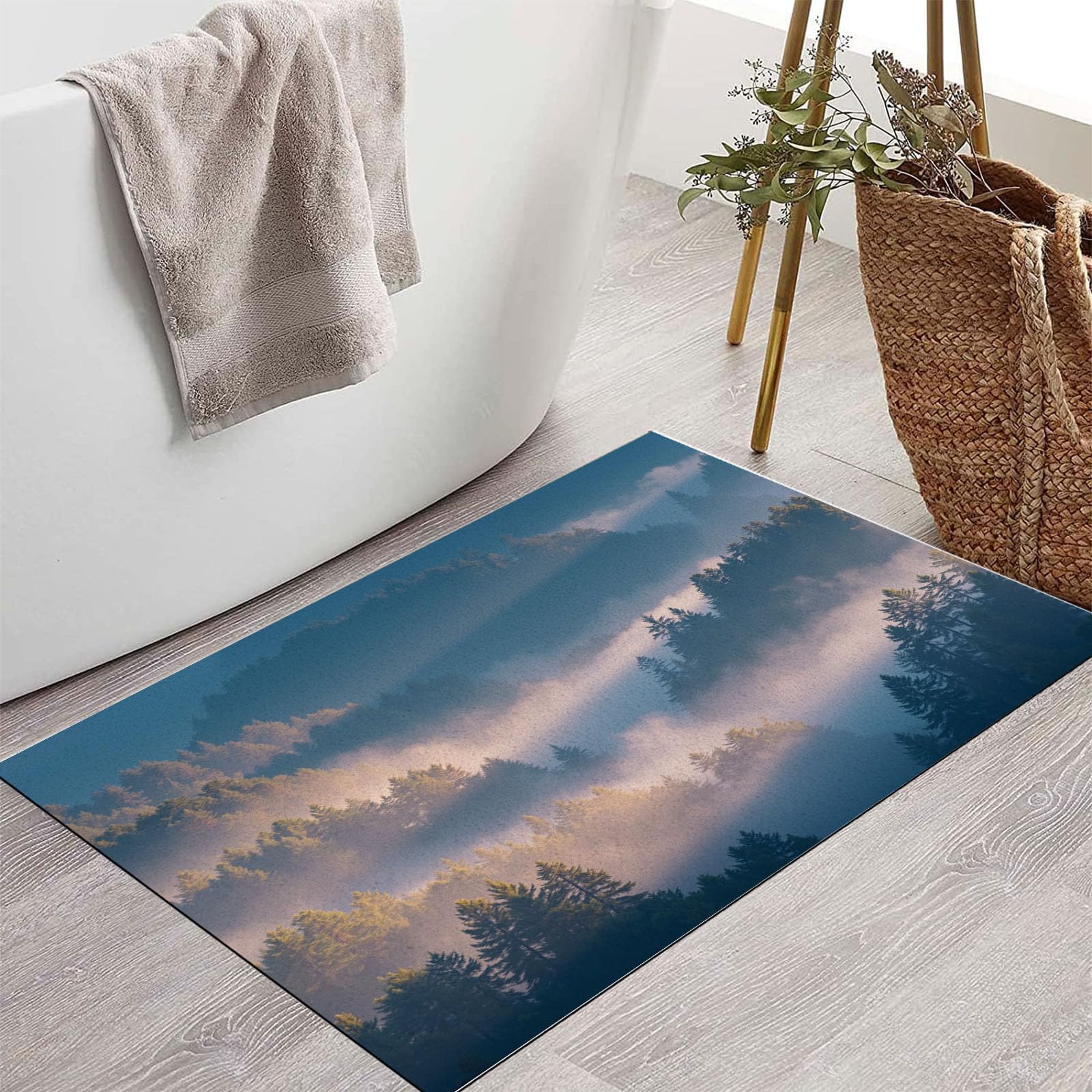 Waschbar Fußmatte Morgennebel Tannenwald - 80x120cm -Willkommen Fussmatte Geheimnisvolle Berglandschaft rutschfeste Fußmatte für den Eingang für Hauseingänge, Flure, Außentüren