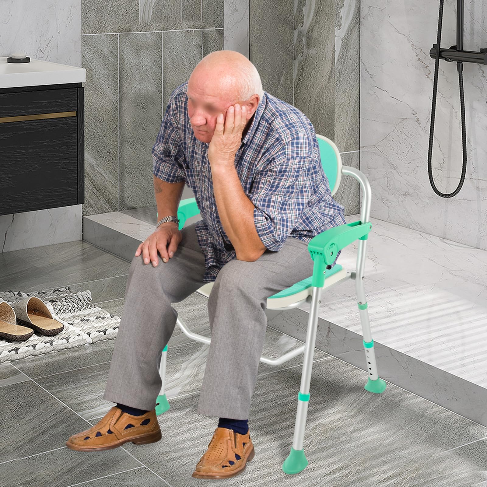 Silla de ducha plegable, silla de ducha para personas mayores, silla de ducha regulable en altura, asiento de ducha con reposabrazos y respaldo, con almohadillas antideslizantes para los pies, asiento