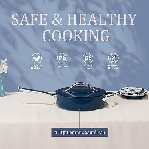 Miniatura 2 de Sartén antiadherente de cerámica con tapa (4.5 cuartos de galón, 11 pulgadas), sartén profunda para todas las estufas, sartén no tóxica, sin