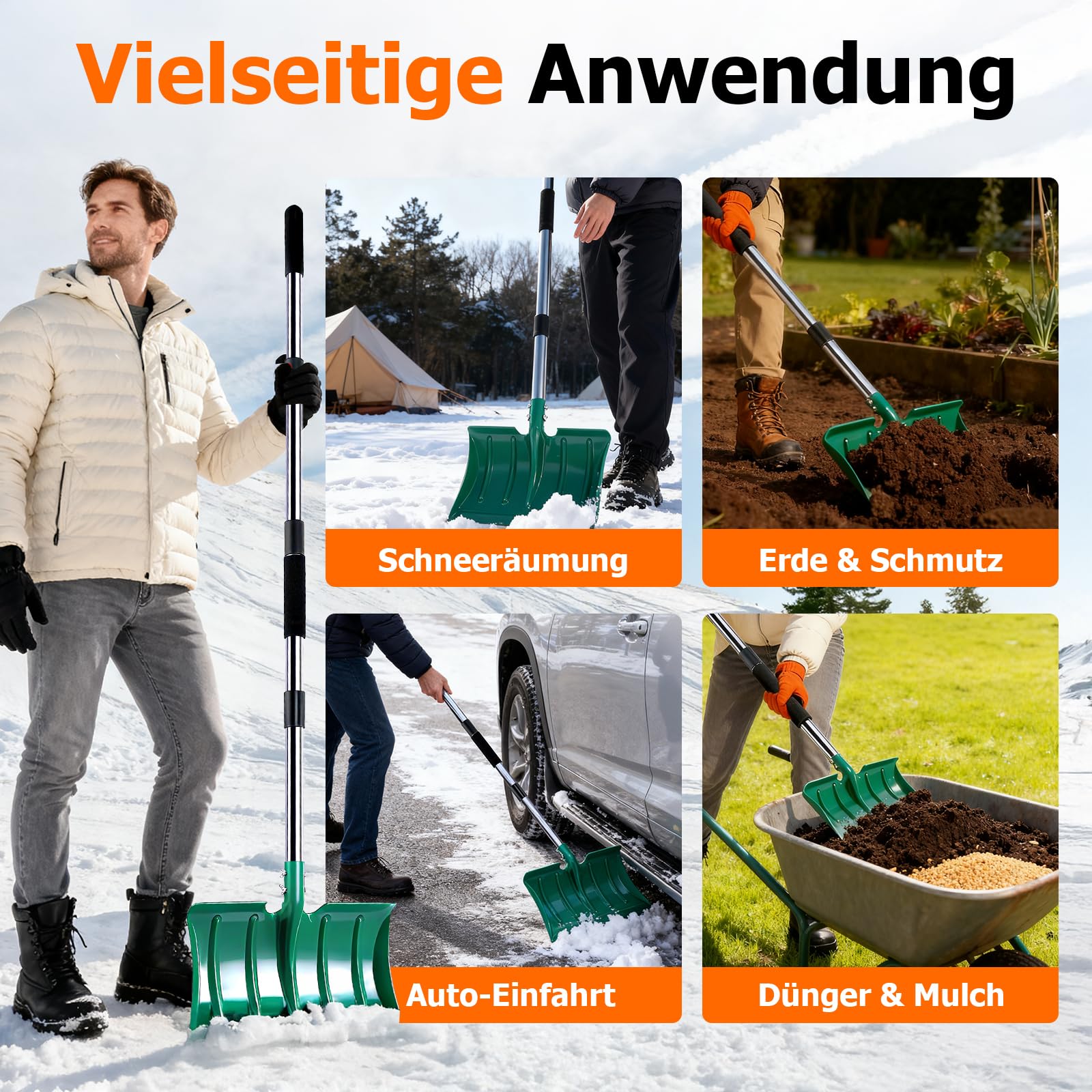 Schneeschaufeln mit 163cm Langstiel, Hochfester Metall-Schneeschieber mit 41cm Breiter Schaufel, Lang Ergonomischem Griff & Anti-Frost-Schaum für Schneeräumung von Einfahrt, Auto, Mulch, Erde, Garten