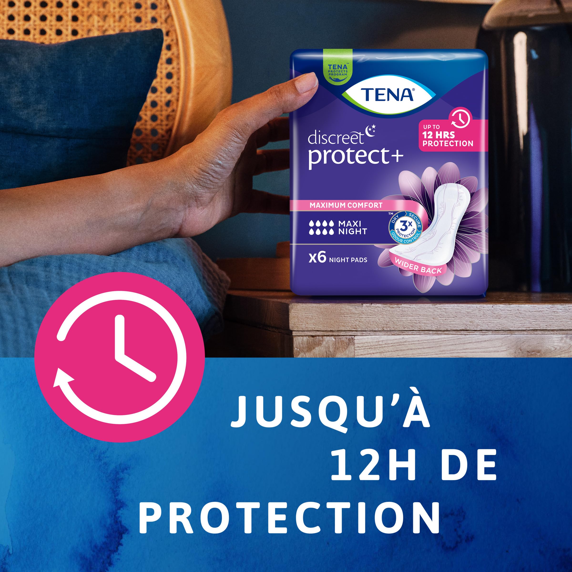 TENA Discreet Maxi Night – Serviettes Incontinence Femme - Post-accouchement - Protections Absorbantes pour Fuites Urinaires Modérées à Fortes - 48 Serviettes (Pack 1 Mois)