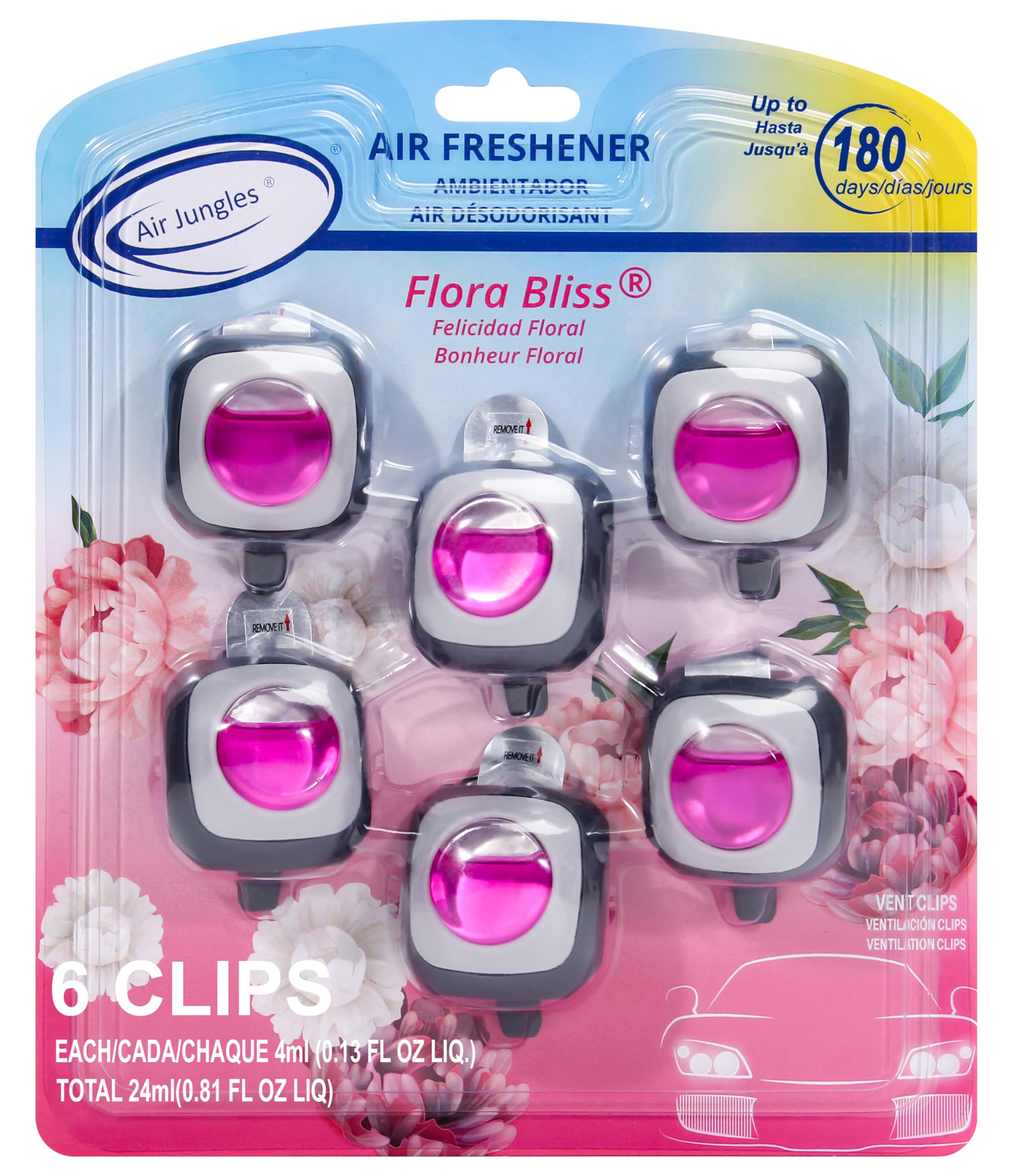 Air Jungles Flora Bliss Scent Car Air Freshener Clip, 6 Car Freshener Vent Clips, 4ml Each, Long Lasting, Up to 180 Days Car Refresher Odor Eliminator