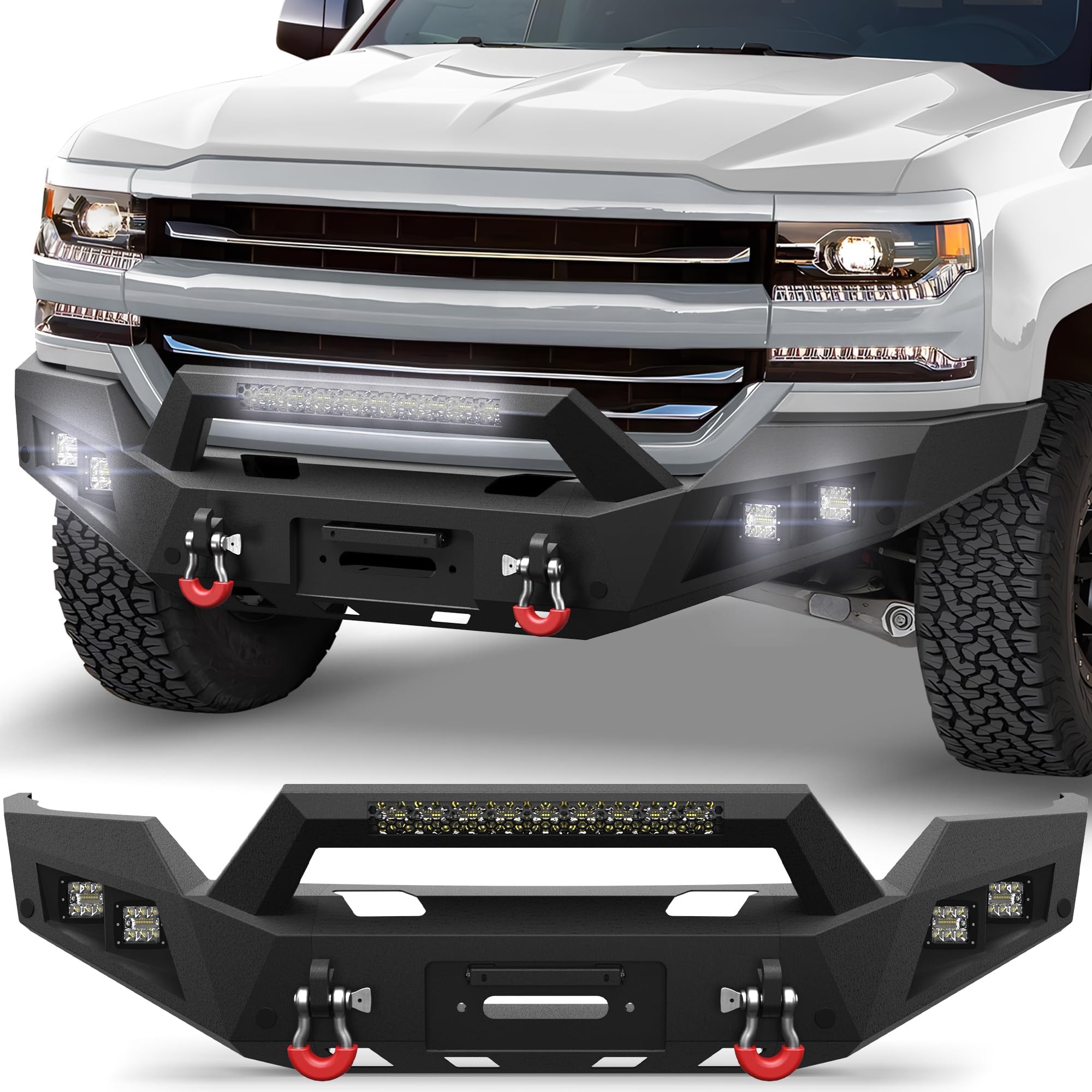 Silverado 1500 Front Bumper for 2016 2017 2018 Chevy Silverado 1500 Pickup, Include Winch Plate, LED Lights and D-rings