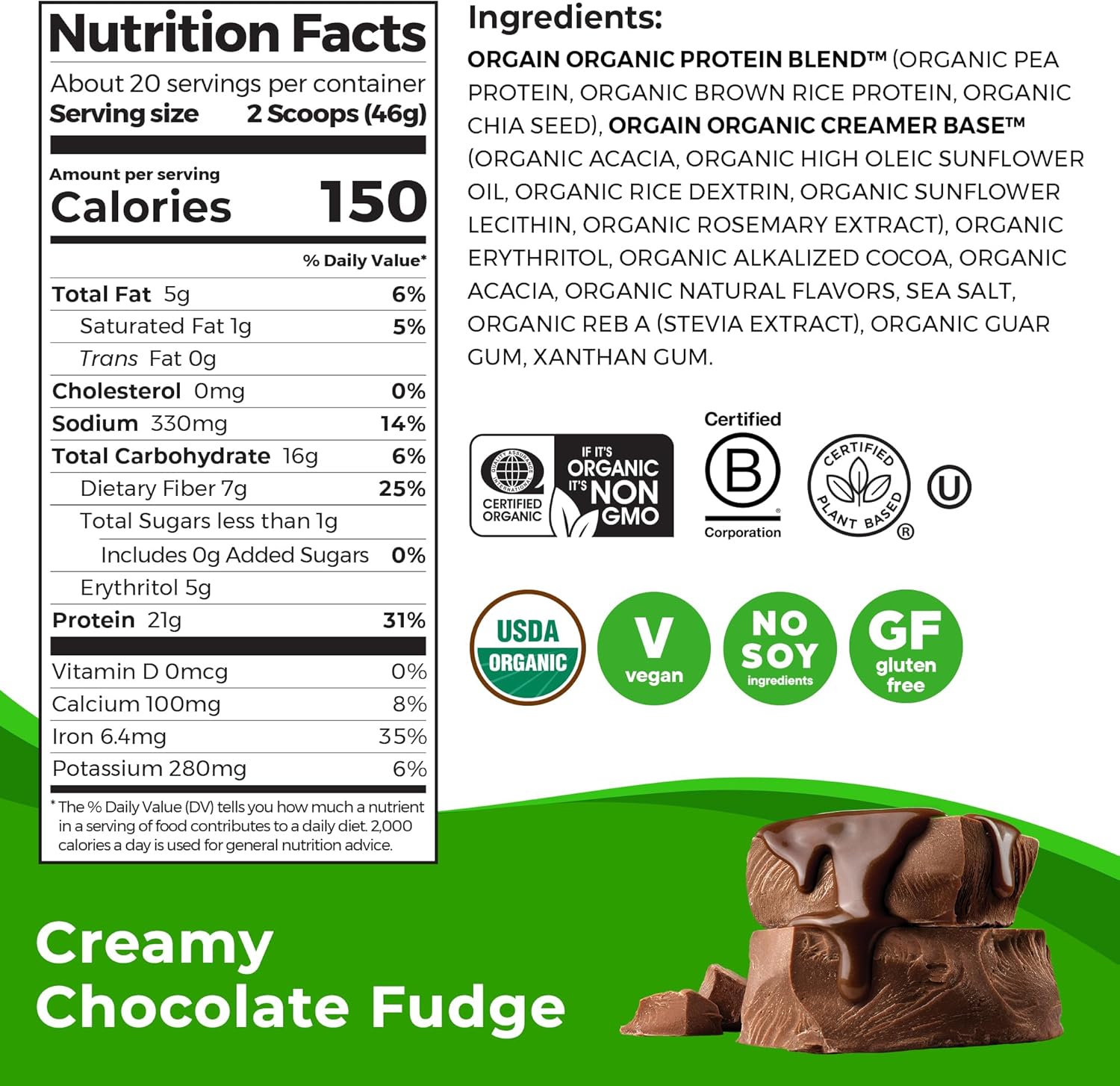 Orgain Organic Vegan Protein Powder, Creamy Chocolate Fudge – 21g Plant Protein, 6g Prebiotic Fiber, Low Net Carb, No Lactose Ingredients, No Added Sugar, Non-GMO, For Shakes & Smoothies, 2.03 lb