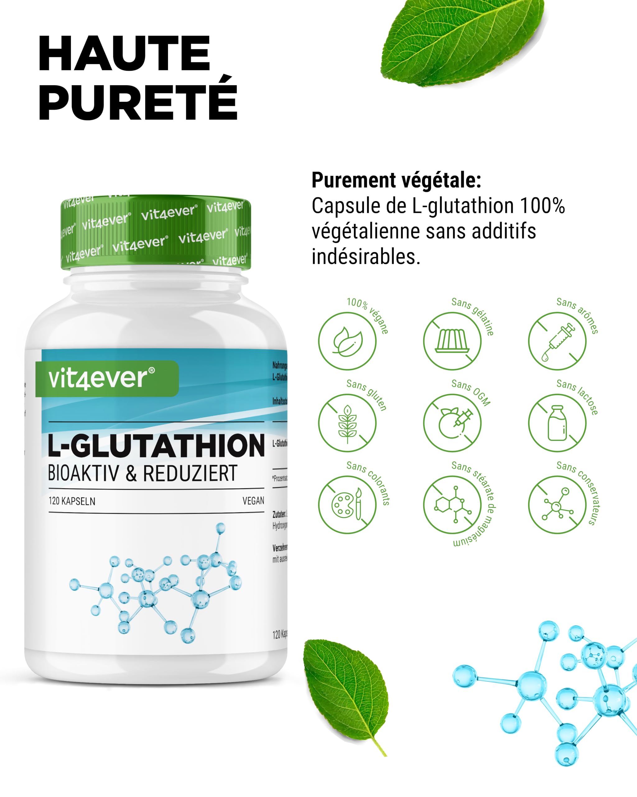 L-Glutathion - 120 Gélules avec 500 mg par Gélule - Premium : Glutathion Réduit & Bioactif Issu de la Fermentation - Hautement Dosé - Vegan