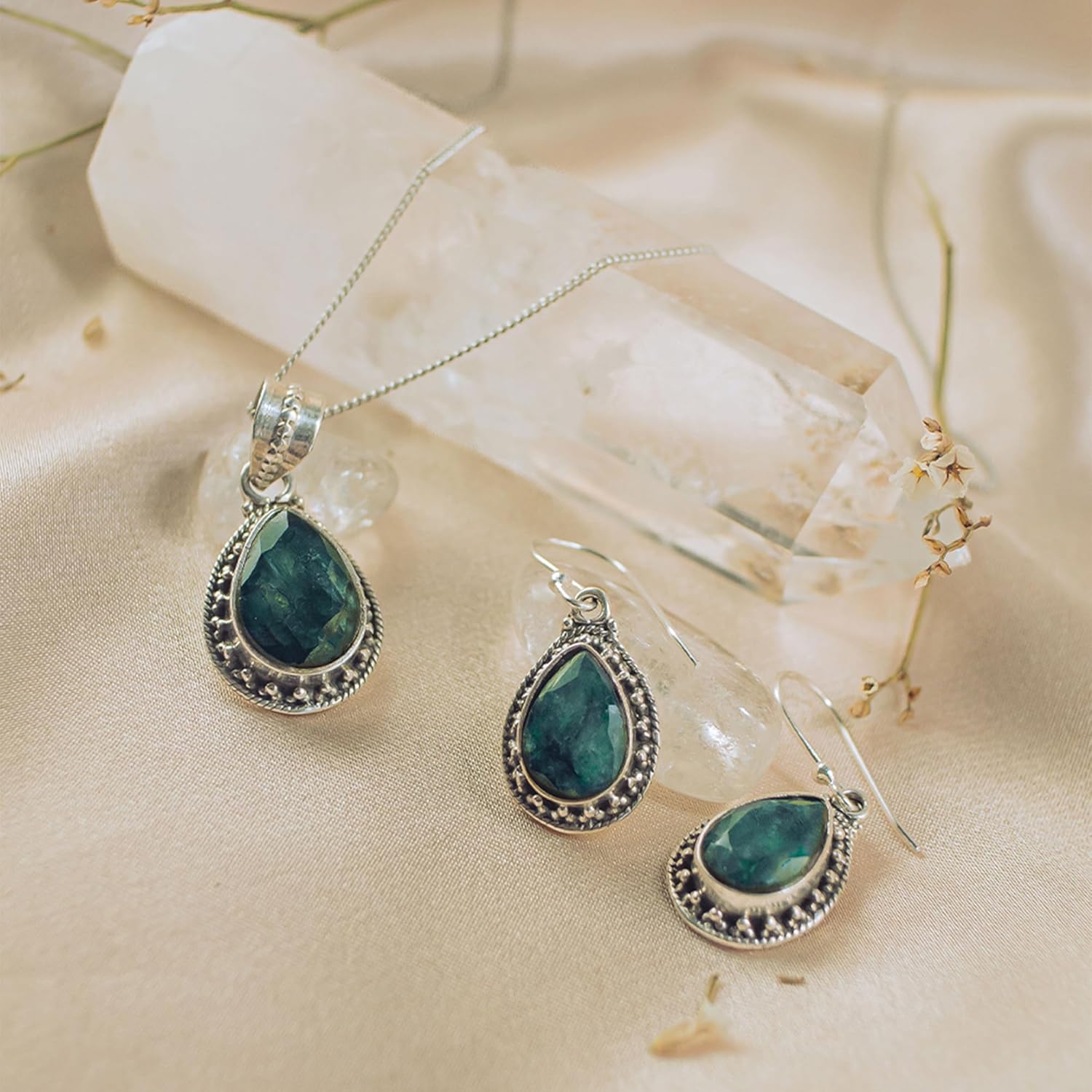 AMALFI Raw Emerald Necklace Earrings Set Sterling Silver - Amalfi Jewelry Set for Women in Solid 925 Silver - Natural Pear Green Stones - Emerald Gemstone Jewelry- Gift Packaging Included