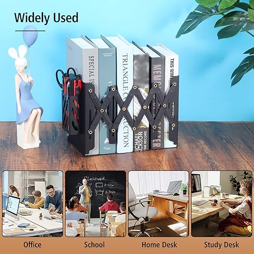 Miniatura 6 de Sujetalibros ajustables, soporte de metal para libros con bolsillo extraíble para oficina, escuela, organizador de archivos de escritorioestante de