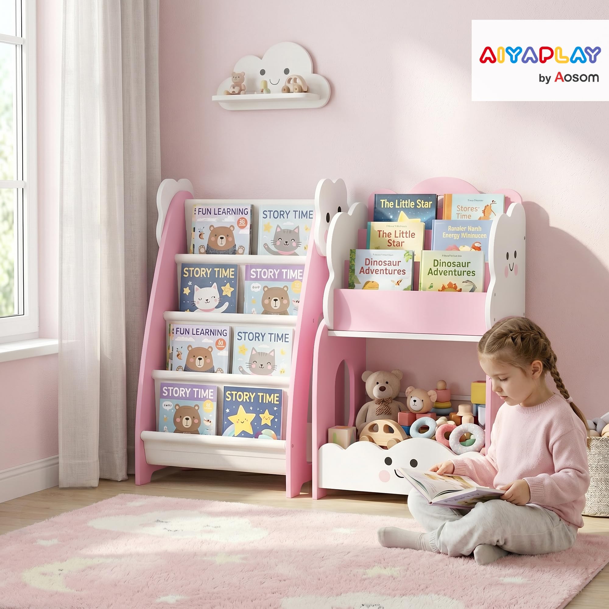 AIYAPLAY Estantería Infantil para Juguetes 3 en 1 85,5x32x72 cm Rosa | Organizador de Juguetes con Librería, Revistero y Mesita de Noche, para Niños 3-8 Años, para Dormitorio, Sala de Juegos