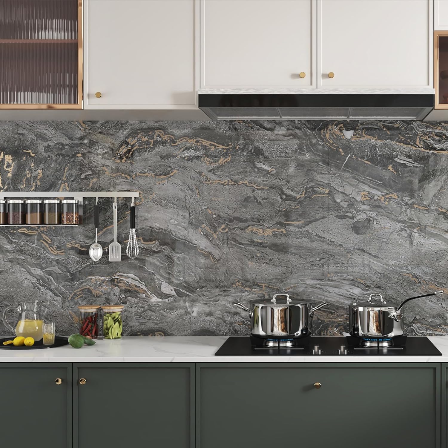 Wallercity Glossy Black/Gold Marble Contact Paper for Countertops Waterproof Gold Marble Wallpaper Peel and Stick Countertop Shiny Wall Paper for Kitchen Bathroom Vinyl Wrap for Cabinets 15.8''x78.7''