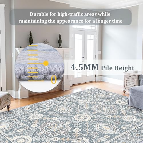 Miniatura 6 de Alfombra de área de 8 x 10 pies, suave, estilo bohemio, vintage, alfombra de lana sintética envejecida, antideslizante, delgada, lavable a máquina,