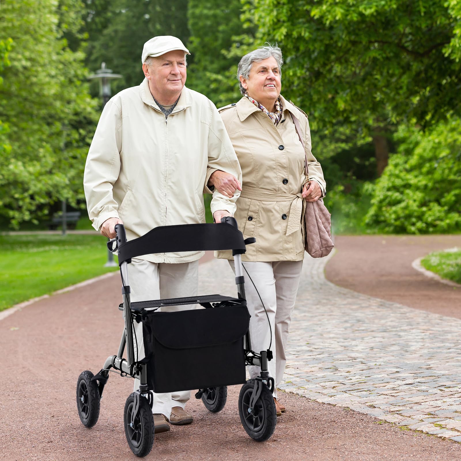 GOPLUS Andador de Altura Ajustable, Andador Plegable con Asiento, Rueda Todo Terreno Neumática de 24 cm, Bolsa de Almacenaje, 160 kg de Capacidad, Andador Ligero para Personas Mayores (Negro)
