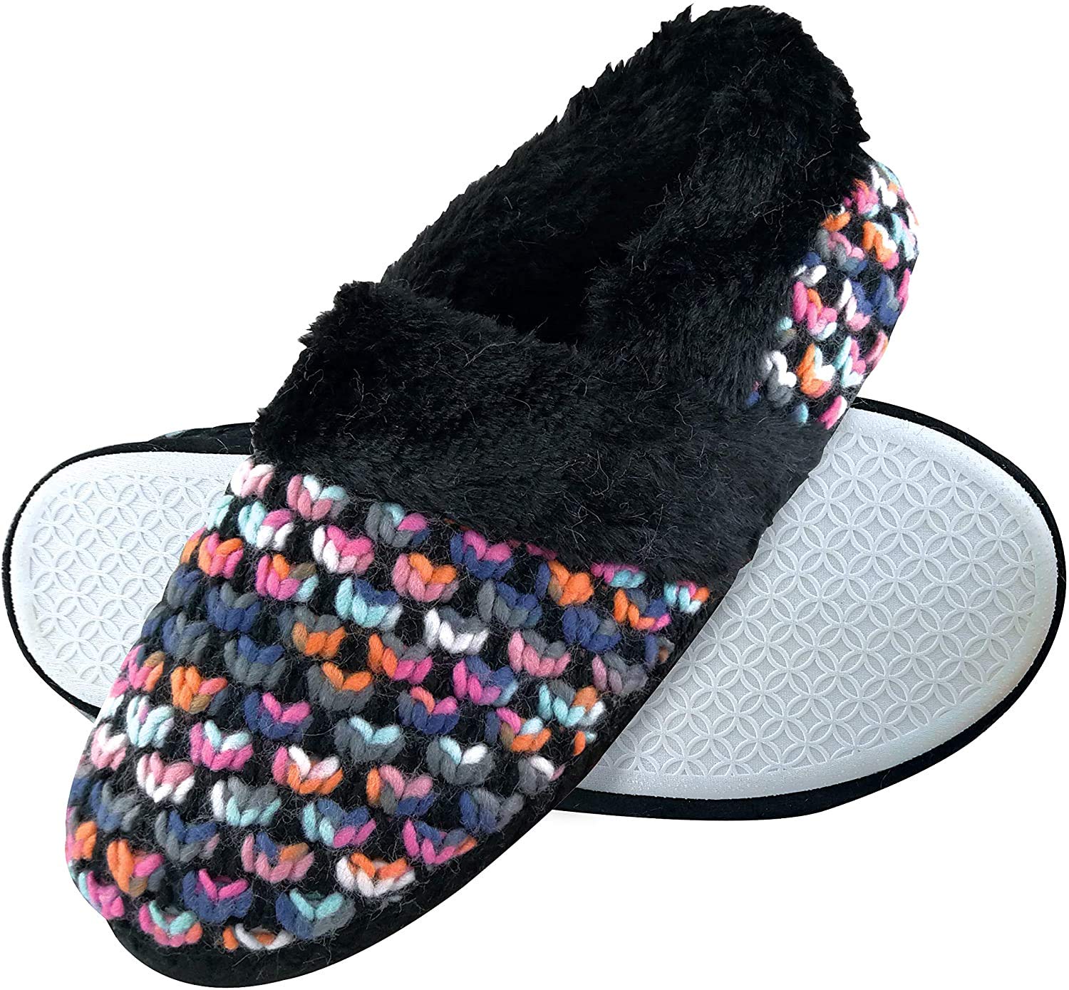 DUNLOPLadies Cute Fluffy Plush Winter Warm Luxury Knitted Slippers (6 UK, 8029 Black)