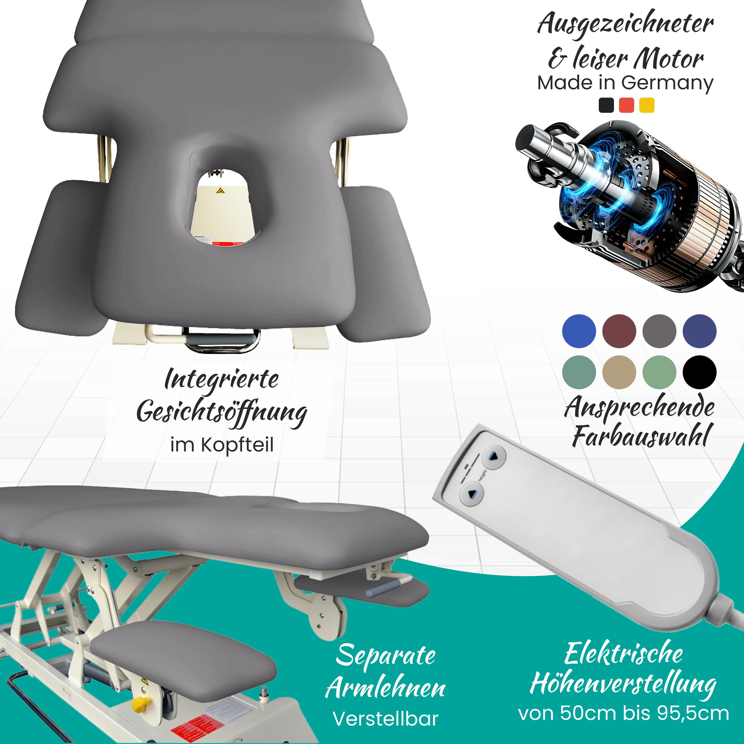Elektrische Massageliege Houston - Therapieliege Behandlungsliege höhenverstellbar bis 95,5 cm mit 3-teiligem Kopfteil - Kosmetikliege inkl. Papierrollenhalter - Belastbar bis 200 kg
