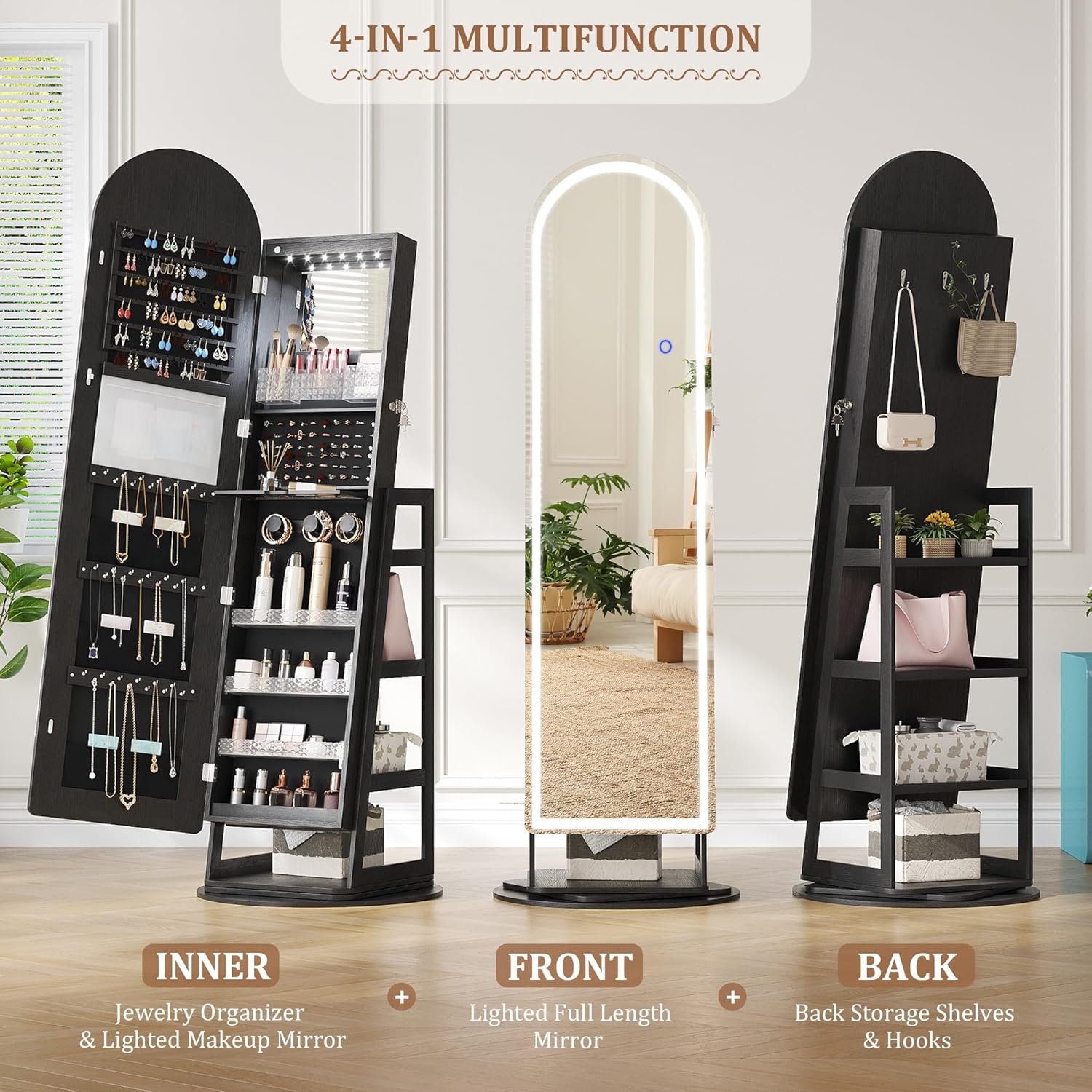 LVSOMT LED Mirror Jewelry Cabinet Standing, Lockable Jewelry Armoire with Arched Full-Length Mirror and Adjustable LED Lights, Space-Saving Jewelry Organizer with Mirror(LED Black) - Image 4