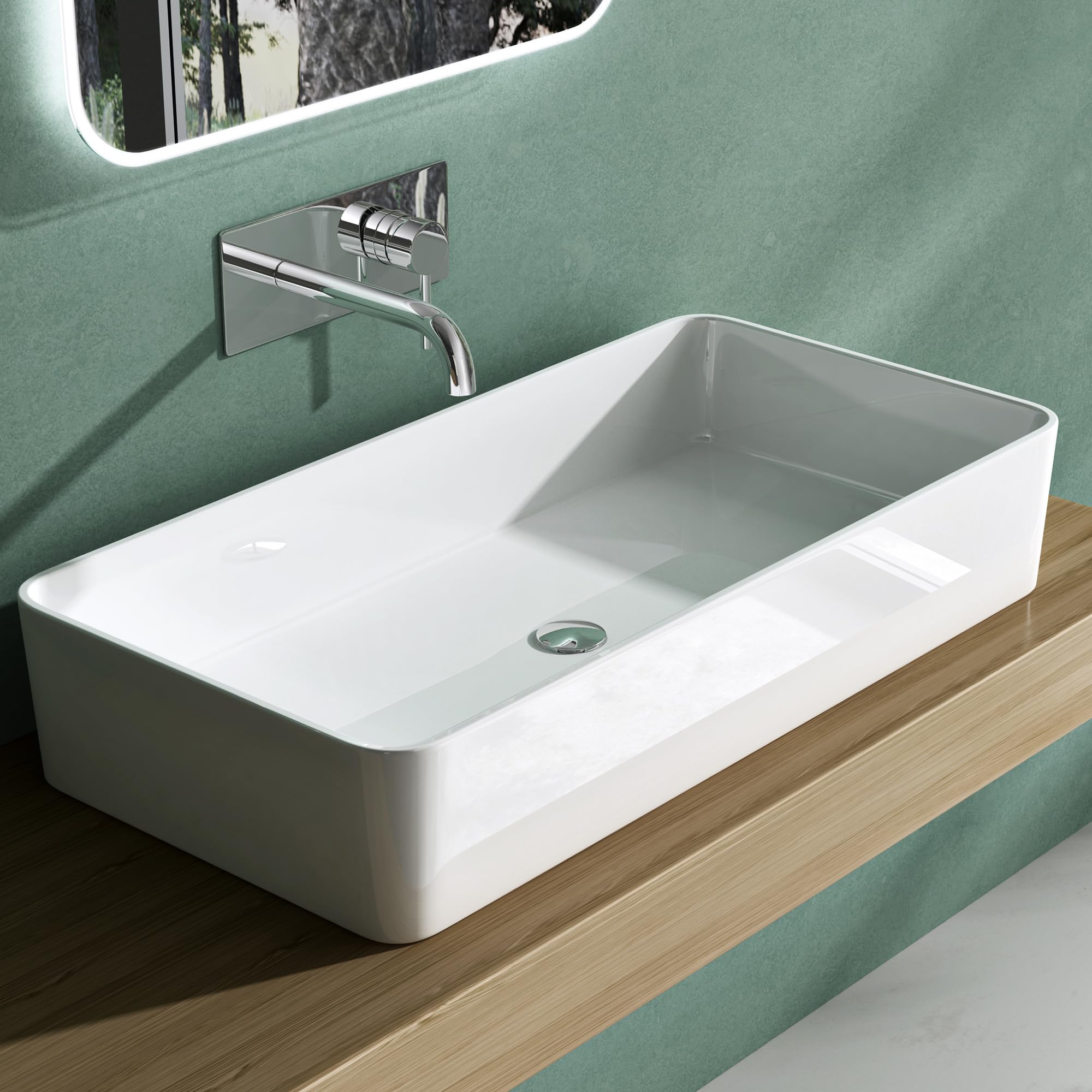 Mai & Mai White Bathroom Sink Basin Countertop Wash Basin | Cast Stone Resin Sink Rectangular Glossy | Solid Surface With Drain Cover | Wdh：80x40x15cm Col102