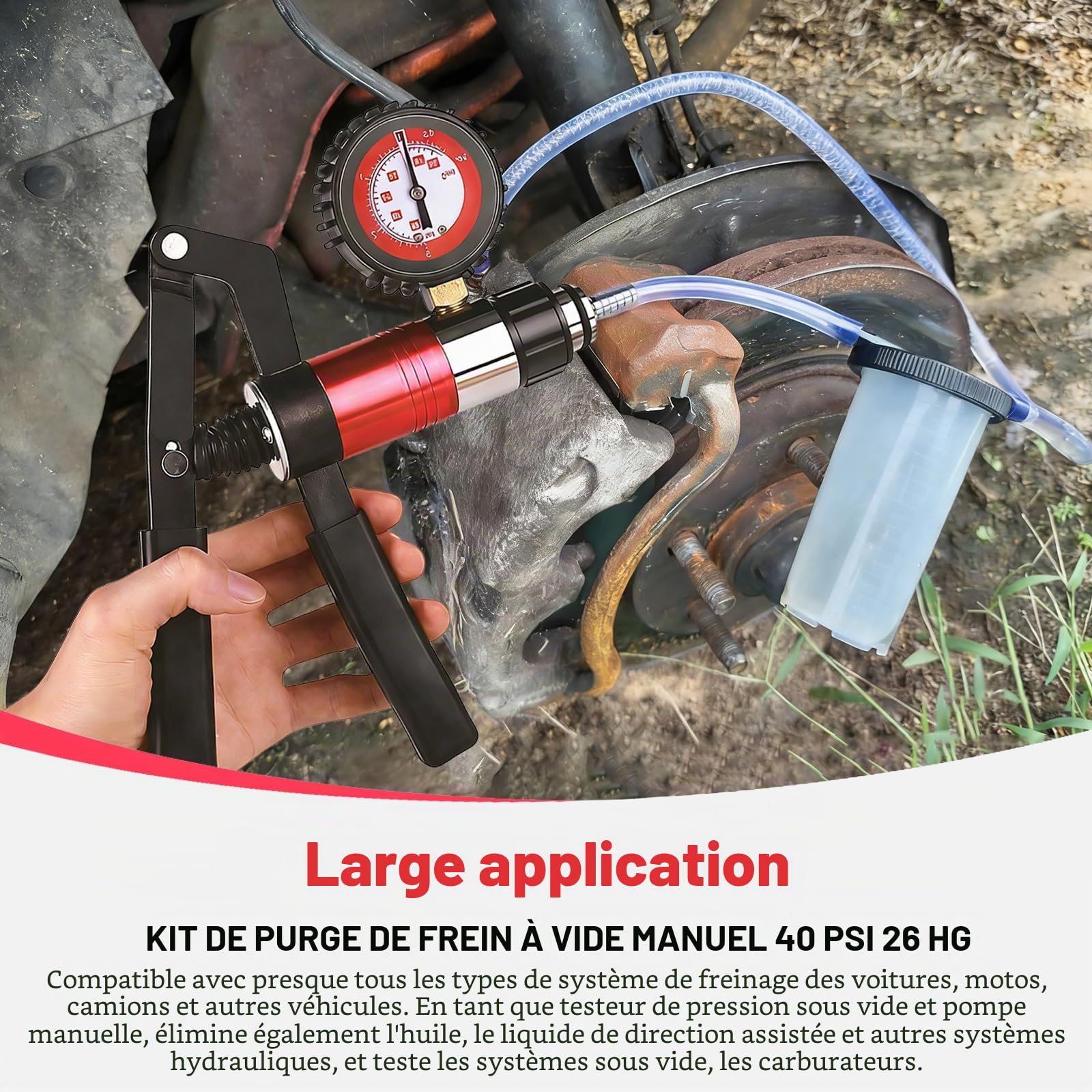 FreeTec 23 Pièces Purge de Frein à Vide, 40 PSI 26 HG Pompe a Depression de Purgeur de Frein, Manuelle Pompe a Vide de Purge Liquide de Frein pour Voiture, Moto, Camion (Rouge)