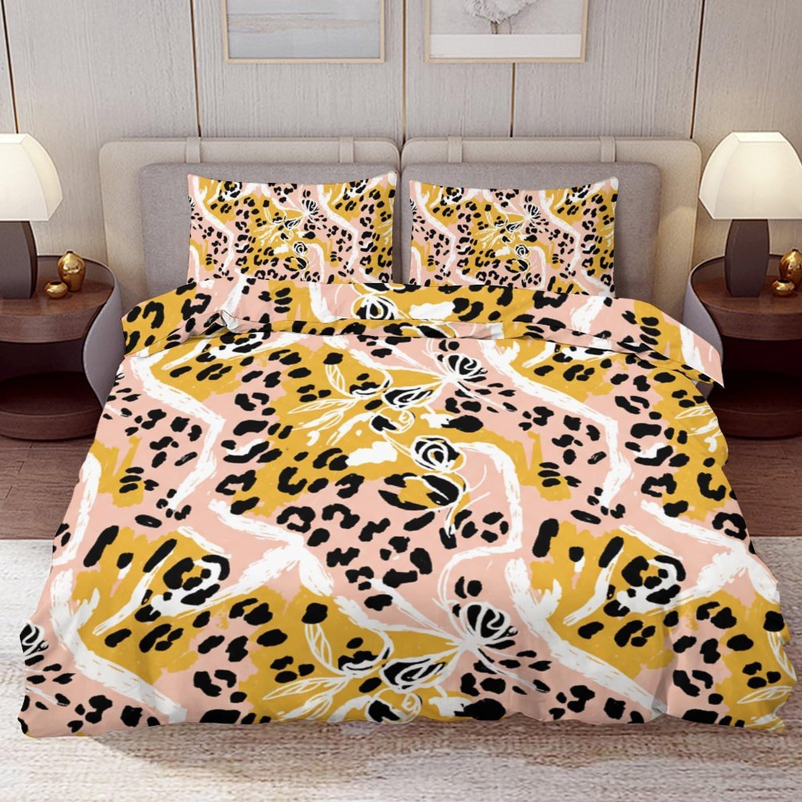 Delerain Comforter Cover Set Full Size, Leopard Print Spot Flower 3-Piece Bedding Set for Boys Girls Teens Modern Soft Microfiber Bedroom Set Room Decor, 1 Duvet Cover + 2 Pillowcases