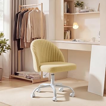Armless Vanity Chair with Wheels, Cute Home Office Chair with Height Adjustable Modern Teddy Fleece Makeup Vanity Chair Comfy Swivel Computer Chair for Bedroom,Makeup Vanity Teddy Fleece, Yellow