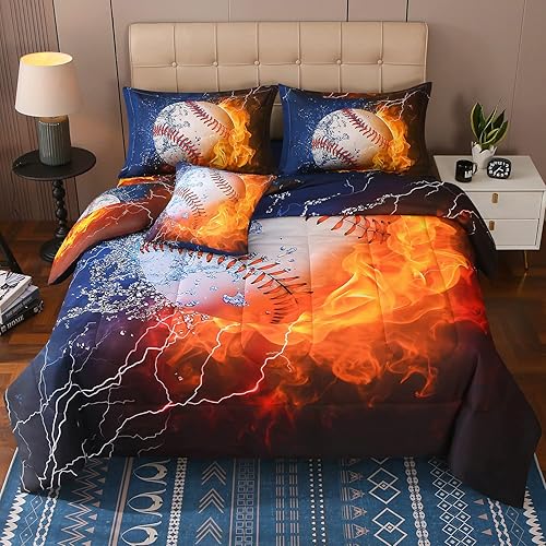 Miniatura 2 de JQinHome Juego de edredón de béisbol y fuego para niños, 6 piezas en una bolsa, ropa de cama con temática deportiva 3D, juegos de ropa de cama de