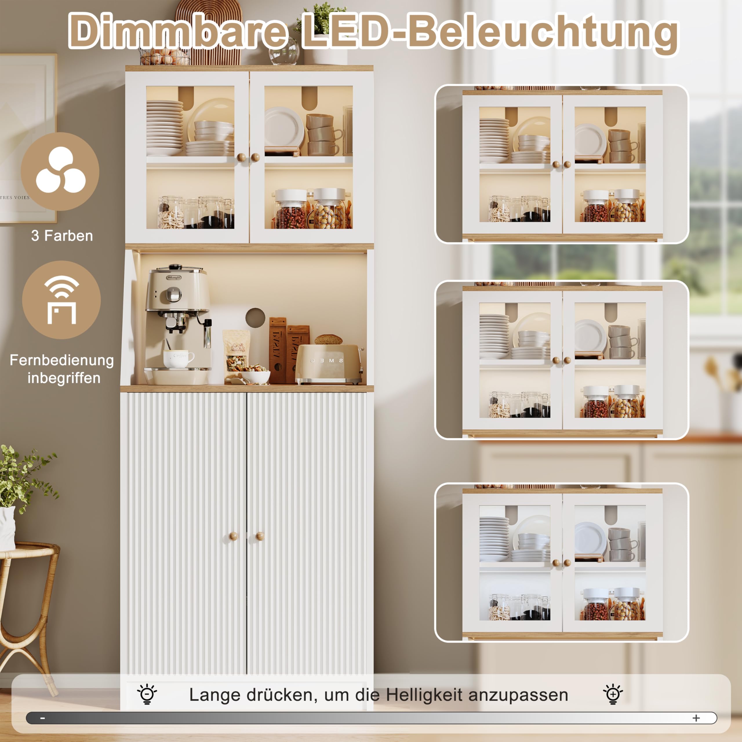 Küchenschrank 180cm mit 4 Türen und 5 Ebenen, Küchenbuffet mit Glastüren, Küchenschrank mit LED, Aufbewahrung mit Arbeitsplatte, Freistehender Küchenschränke Sideboard (Weiß)