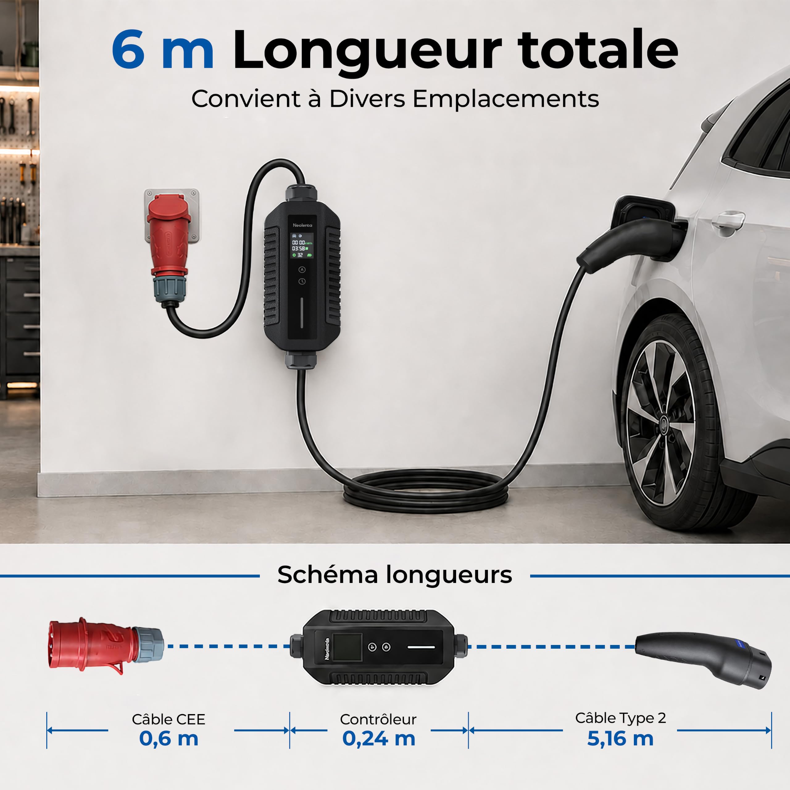 Chargeur Voiture Électrique Triphasé 22kW, Borne de Recharge Mobile Type 2 6 m, Wallbox CEE 32A, Courant Réglable 6A–32A, RCD Intégré, Maison et Déplacements