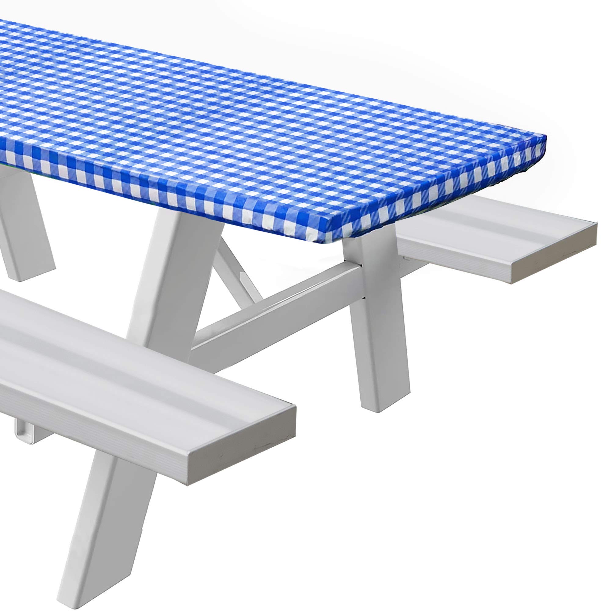 (180cm , Blue) - Sorefy Vinyl Picnic Table Fitted Tablecloth Cover, Chequered Design, Flannel Backed Lining, 70cm x 180cm (180cm , Blue)