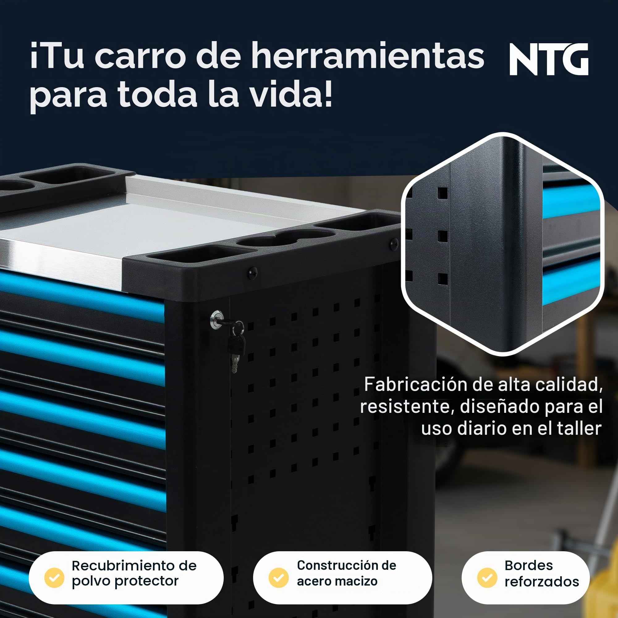 NTG Carro de herramientas con 7 cajones, incluye 290 piezas de herramientas – Carro de taller con cierre centralizado, se puede cerrar, móvil con ruedas – Maleta de herramientas profesional con ruedas