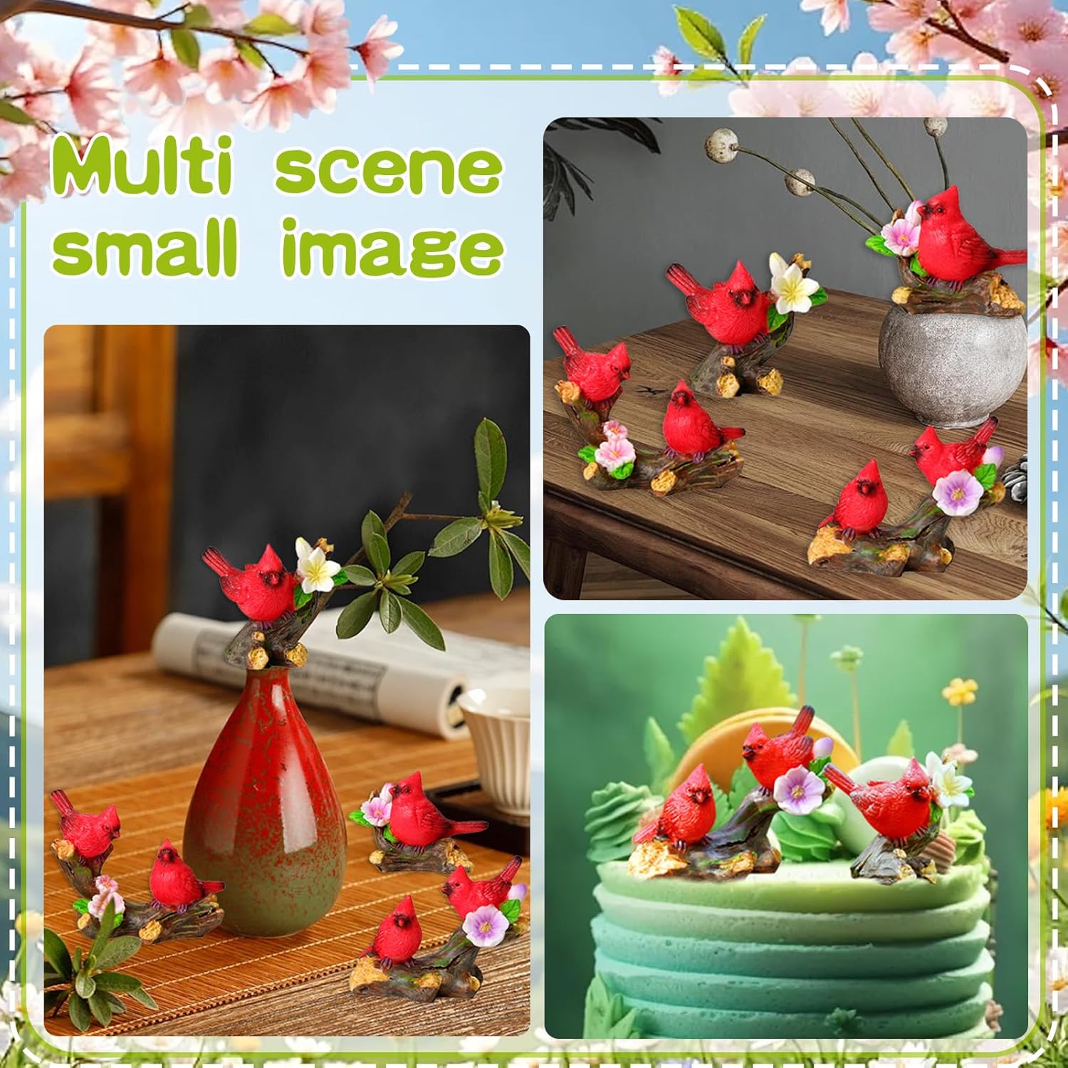 4 Pcs Miniature Cardinal Figurines Mini Red Cardinal Bird on Tree Branch with Flowers for Home Cake Decorating Party Supplies Birthday Gifts Fairy Garden Accessories - Image 7