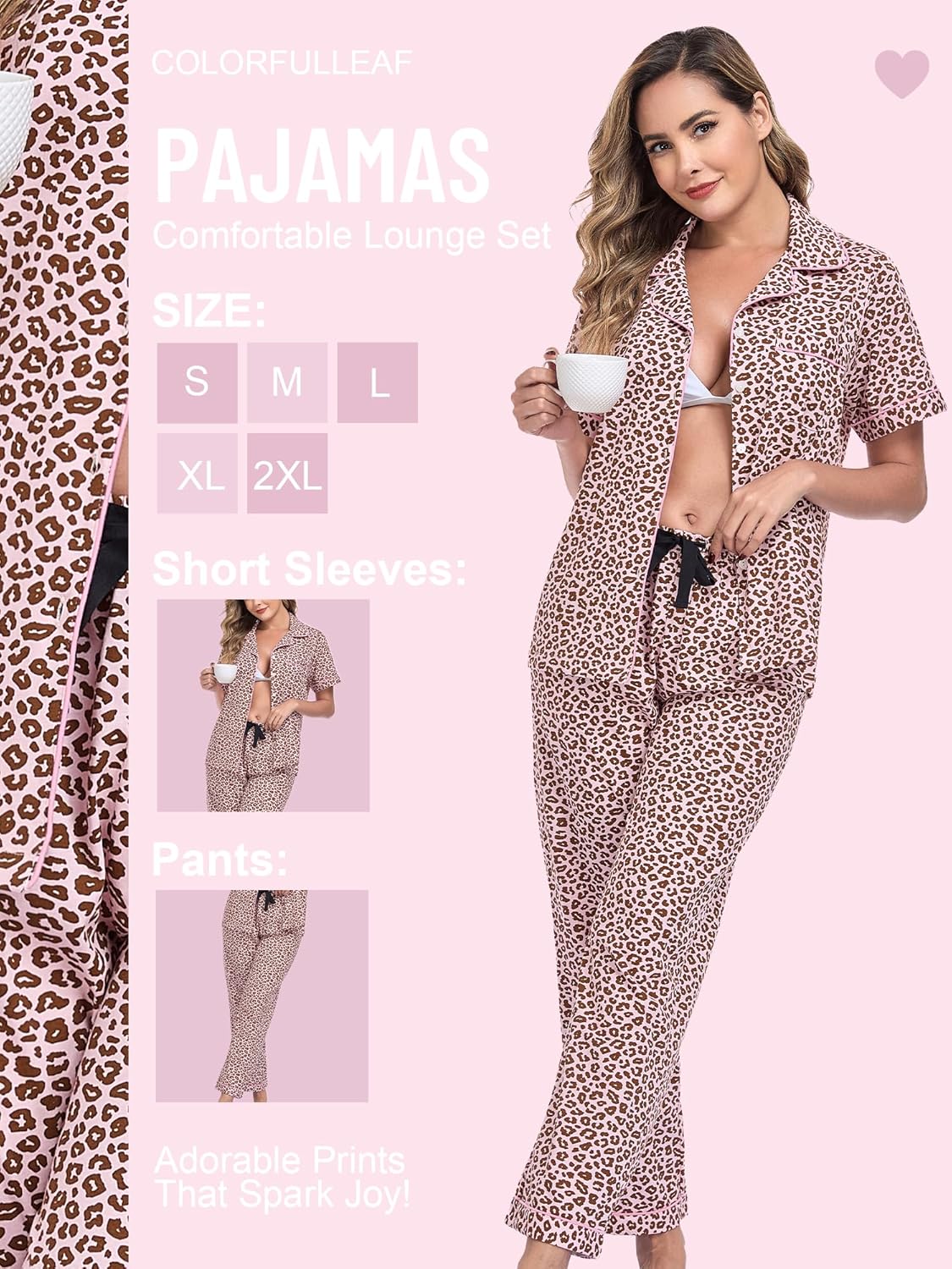 COLORFULLEAF Women‘s 100% Cotton Pajama Set Button-Down Printed Sleepwear 2-Piece PJs with Short Sleeve Top & Long Pants - Image 2