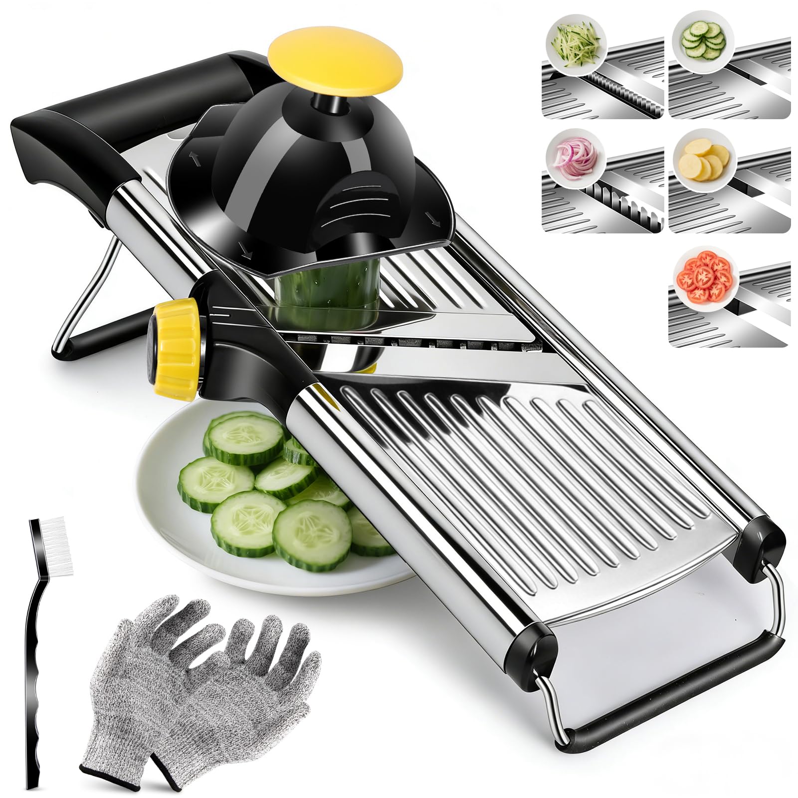 Photo 1 of Masthome Adjustable Mandoline Food Slicer, Mandoline Slicer for Kitchen, Stainless Steel Mandolin, Fruit and Vegetable Cutter with Cut-Resistant Gloves and Cleaning Brush-Yellow